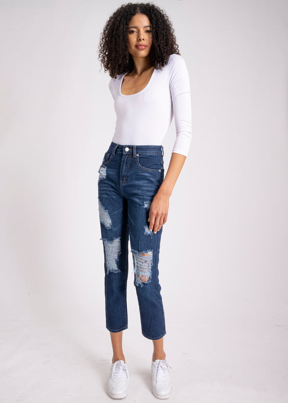 Jeans mom cintura alta destrucción