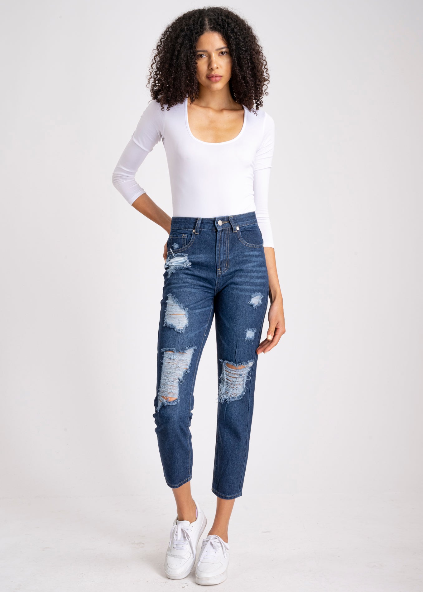 Jeans mom cintura alta destrucción DARK WASH