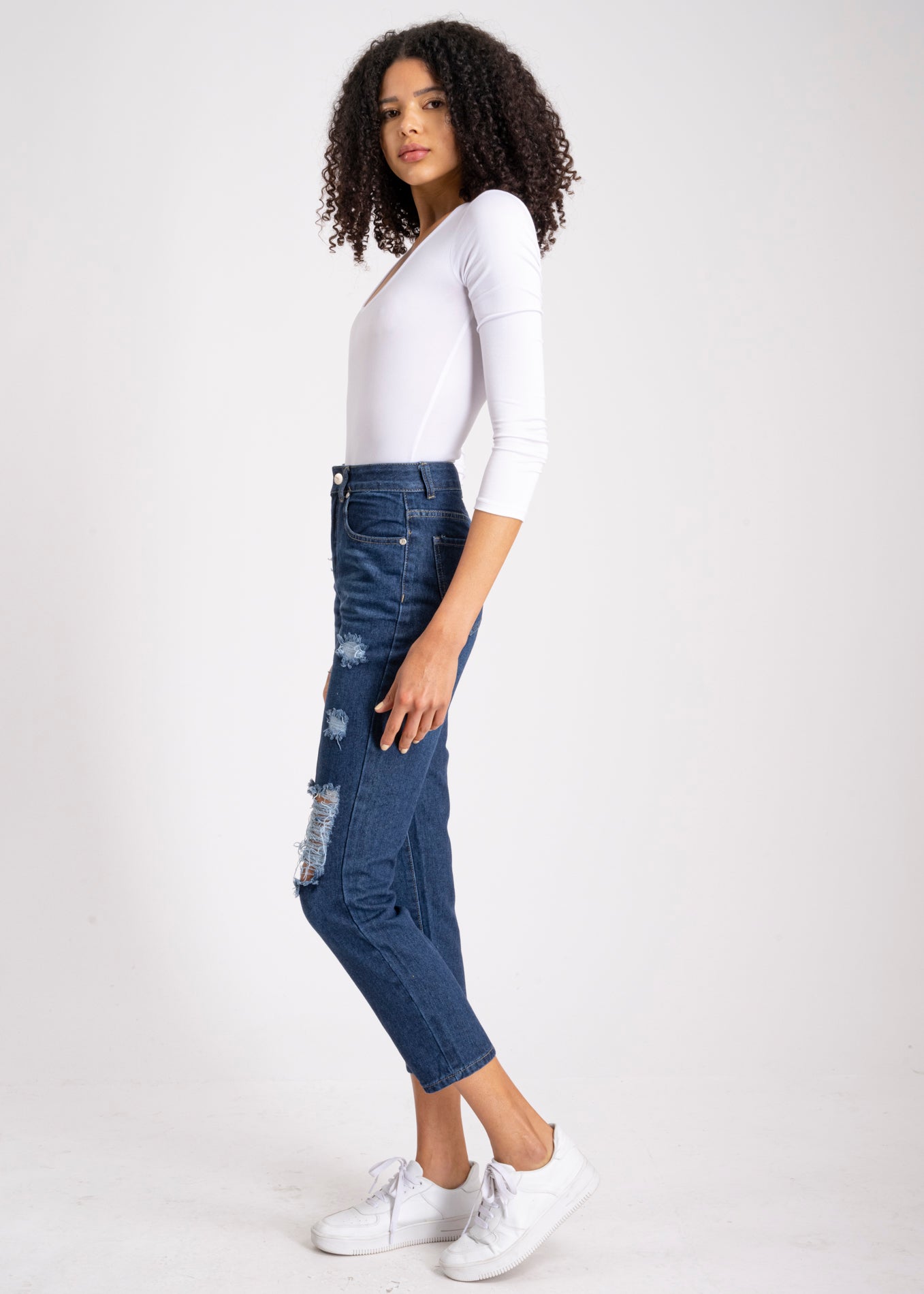 Jeans mom cintura alta destrucción DARK WASH