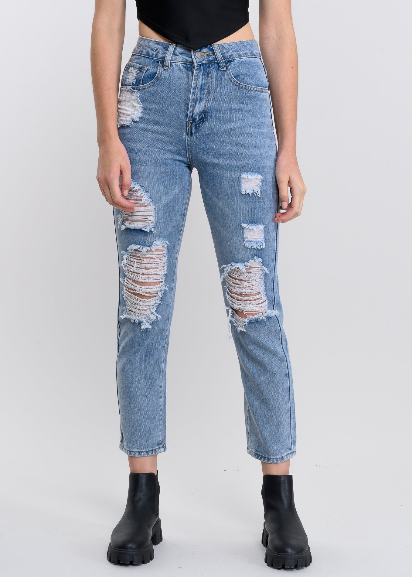 Jeans mom cintura alta destrucción MEDIUM WASH