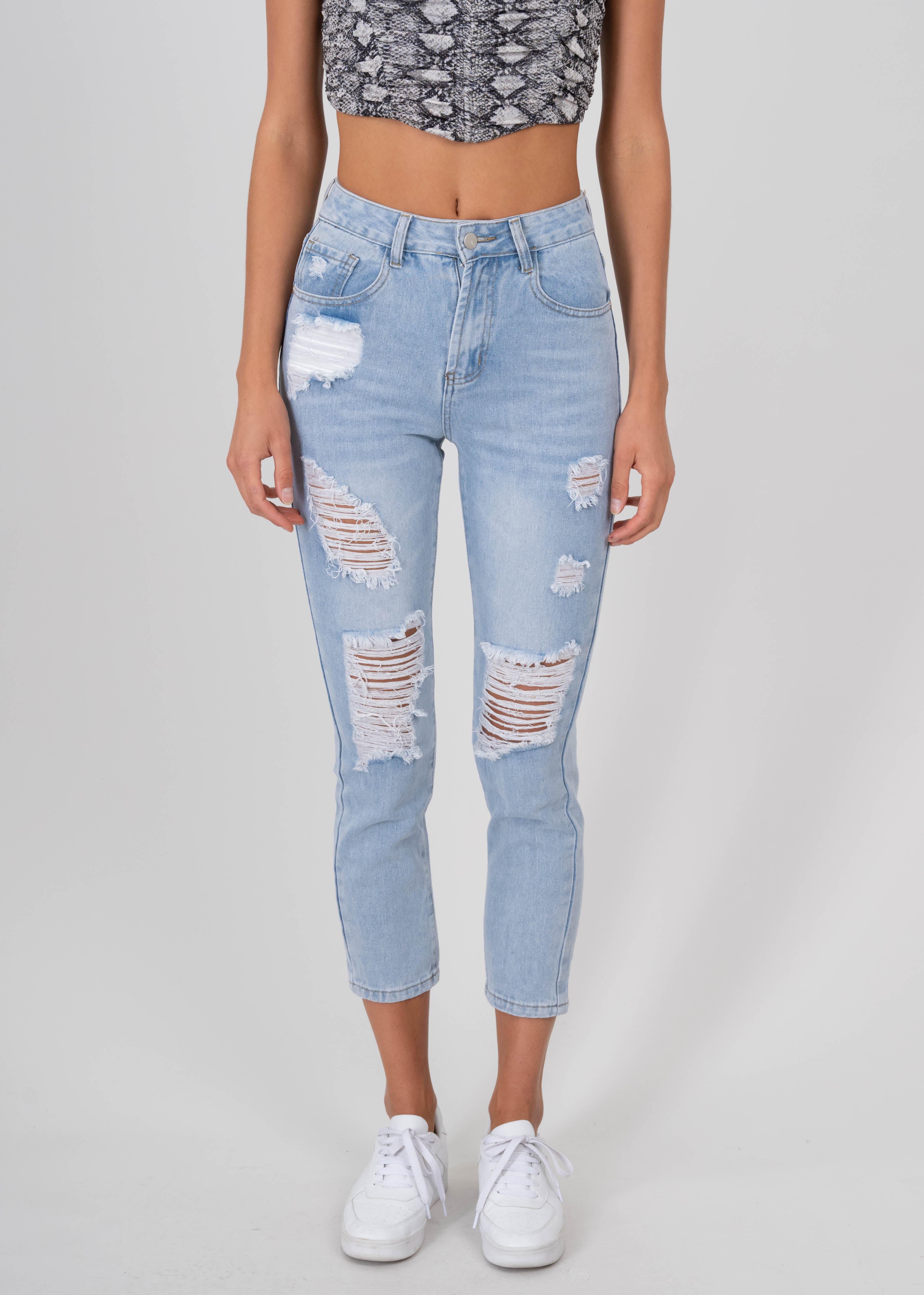 Jeans mom cintura alta destrucción MEDIUM WASH