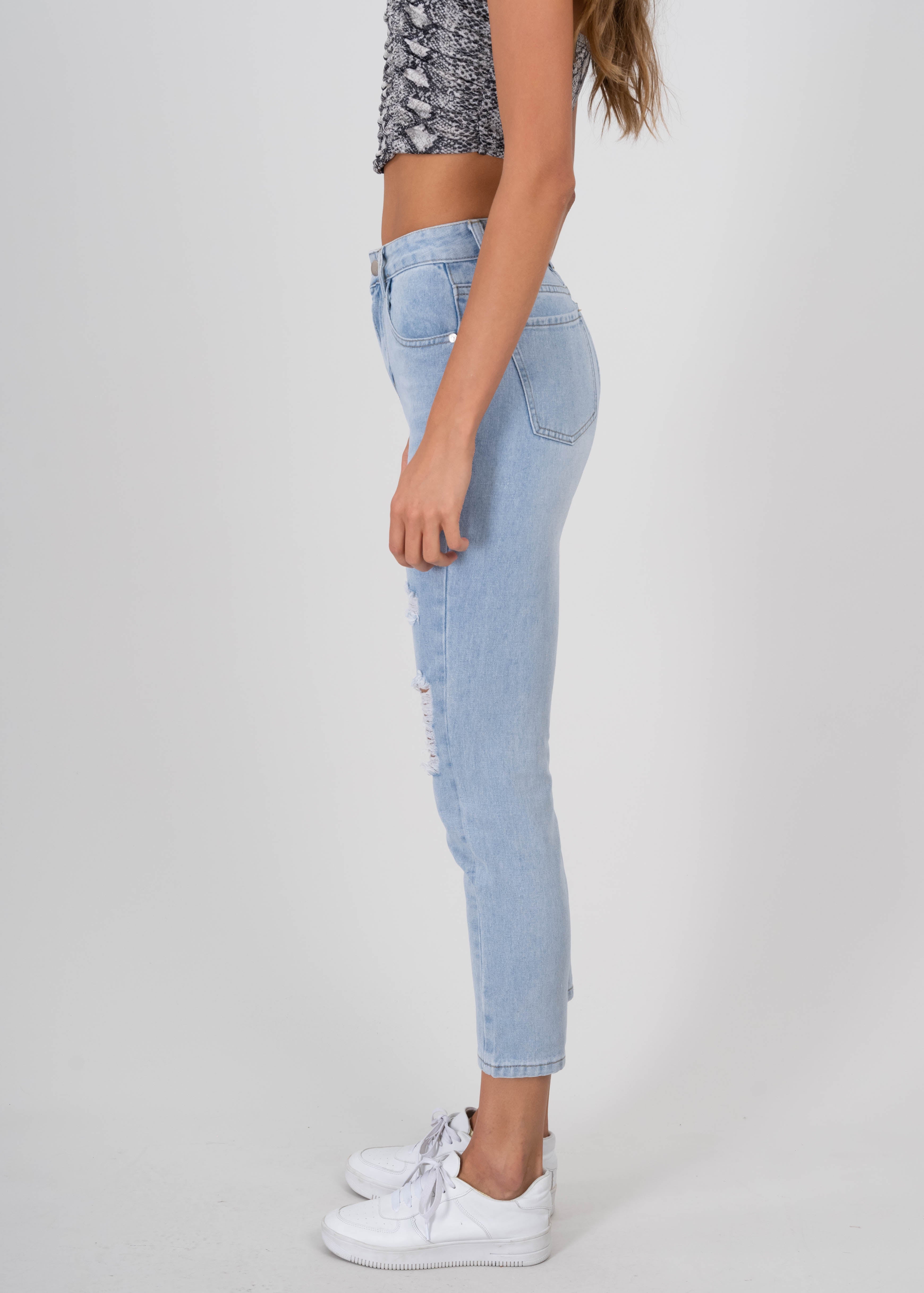 Jeans mom cintura alta destrucción MEDIUM WASH