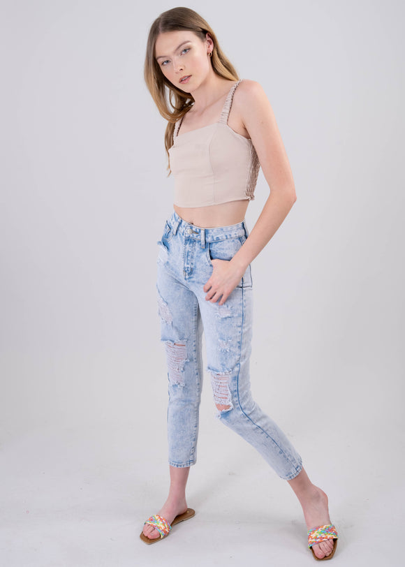 Jeans mom cintura alta destrucción