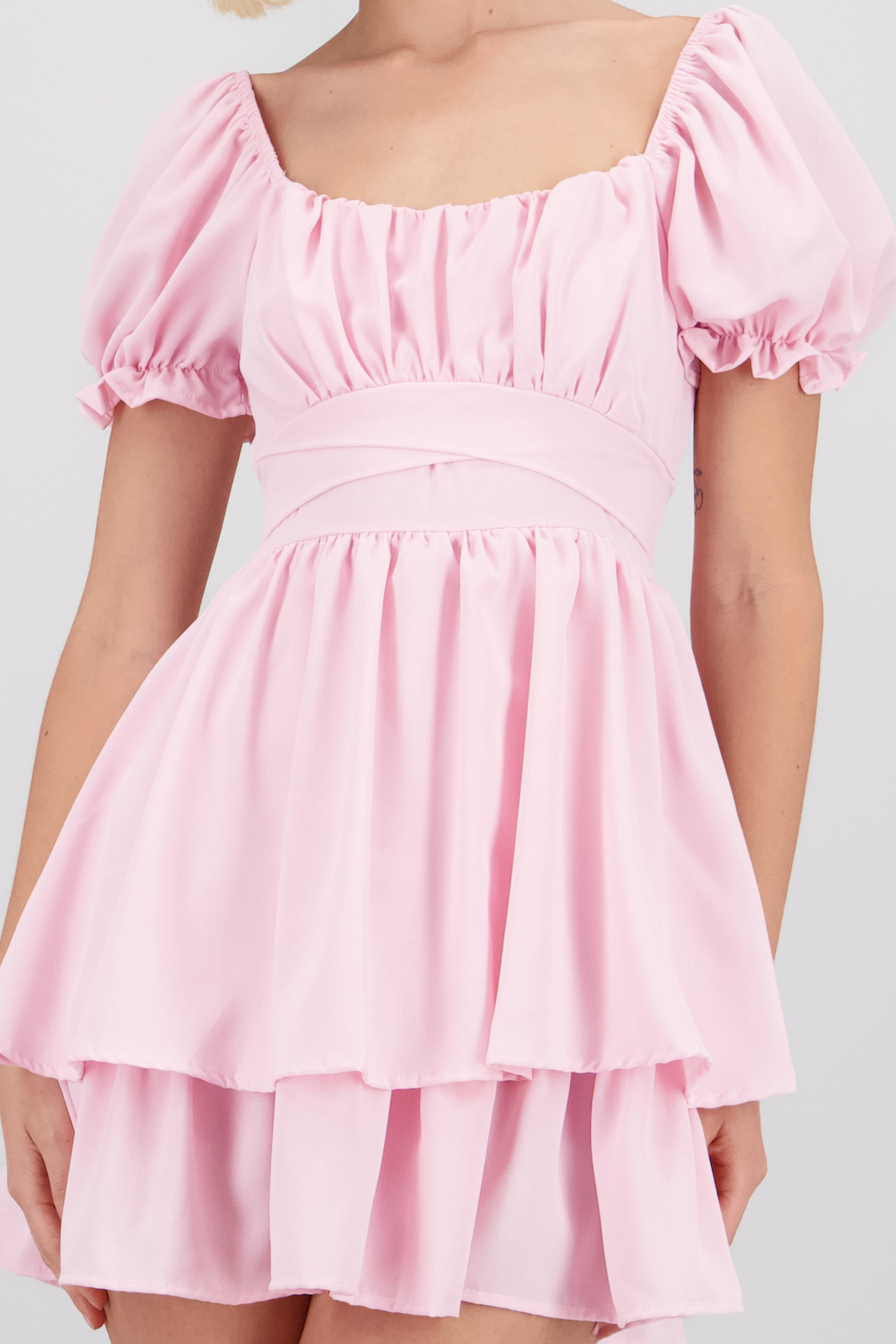 Vestido Mini Capas Moño ROSA PASTEL