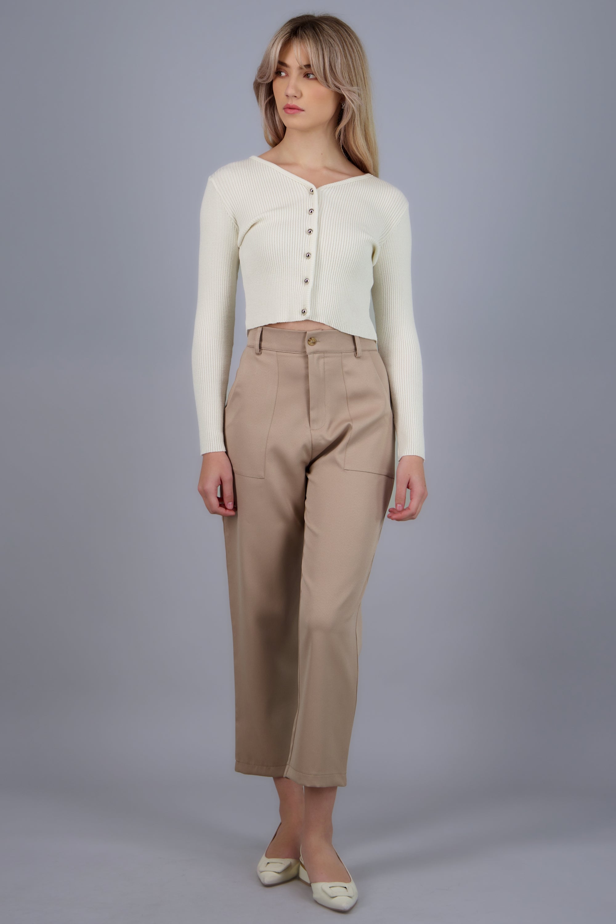 Pantalón Cintura Alta Capri Bolsas BEIGE