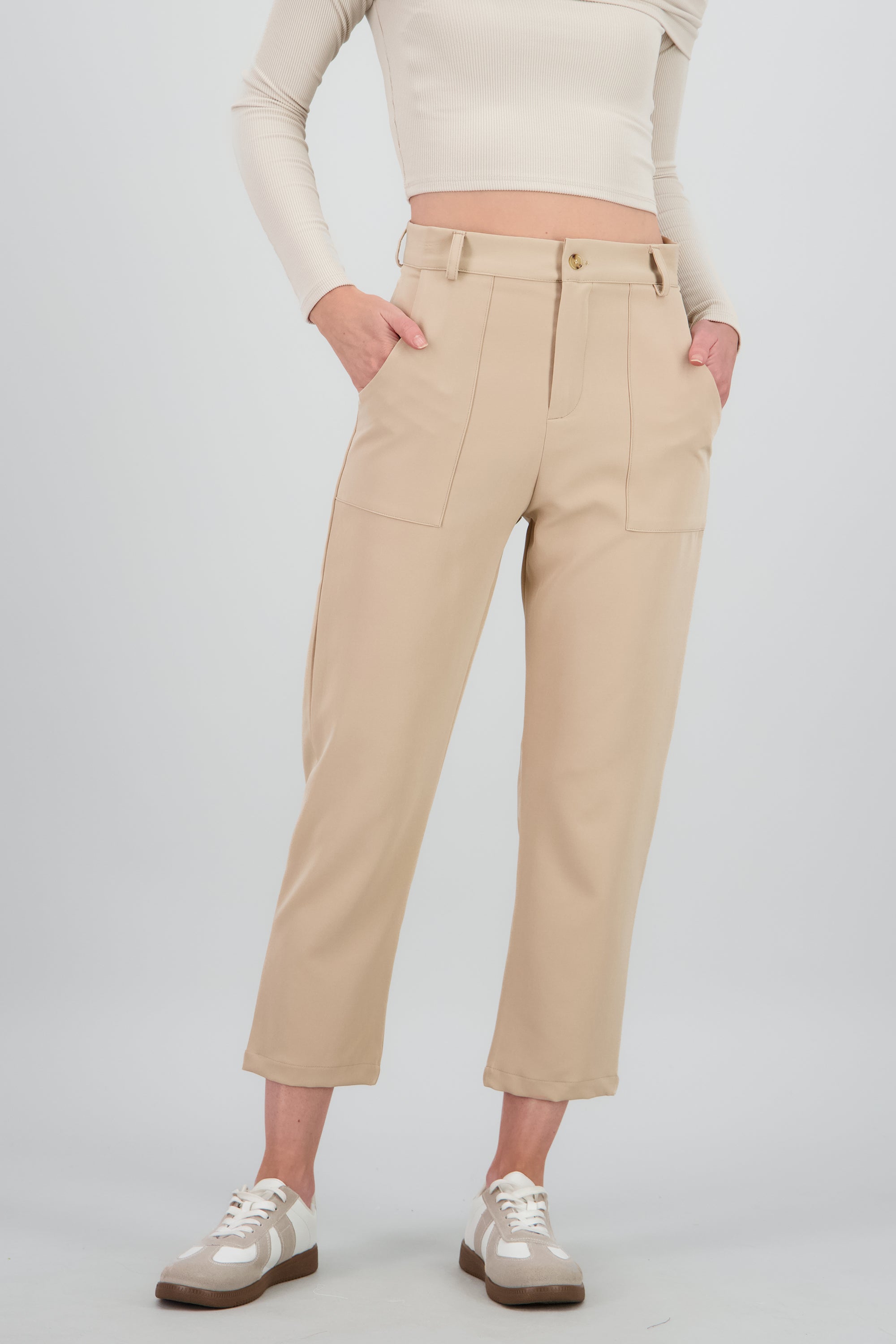 Pantalón Cintura Alta Capri Bolsas TAN