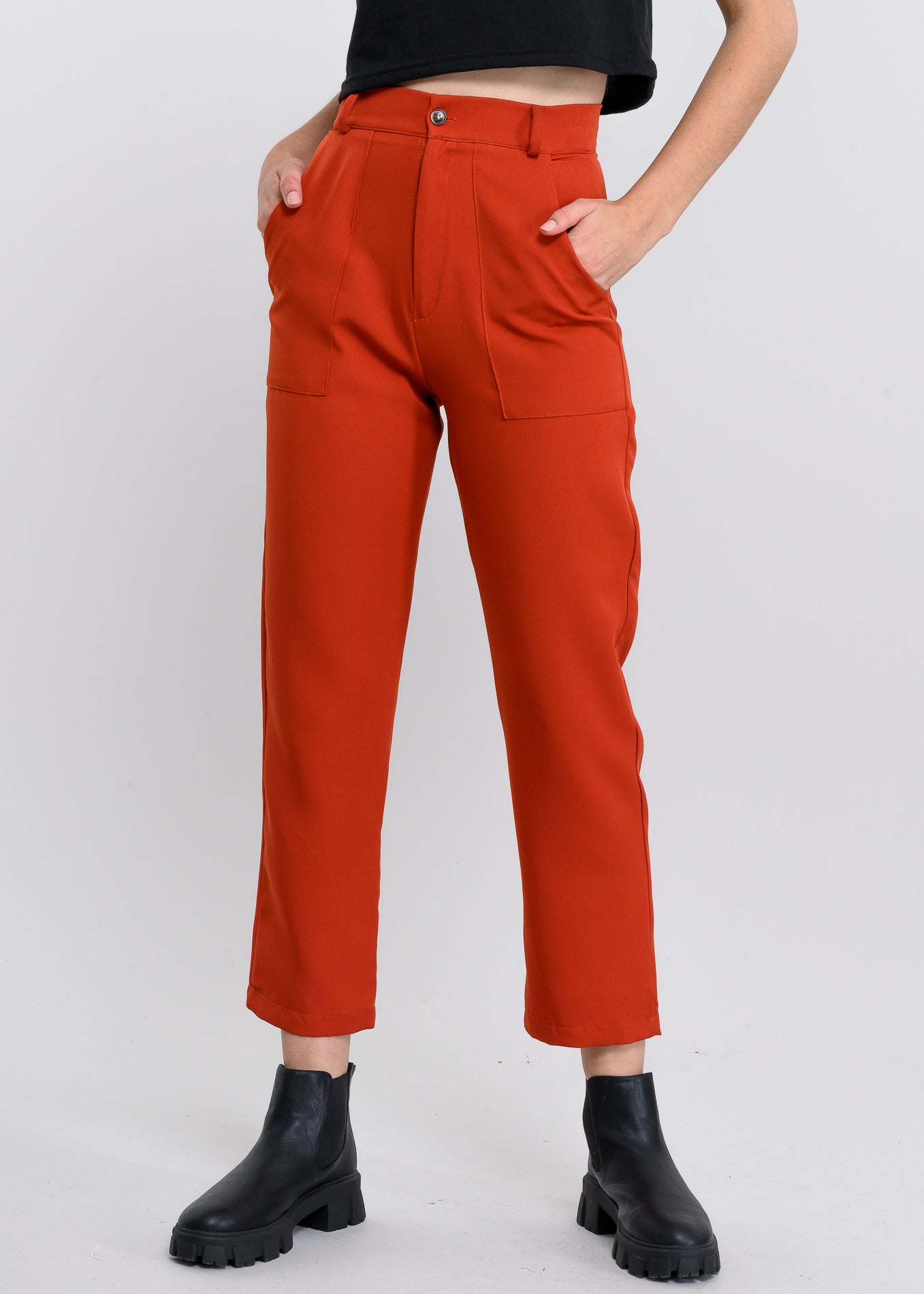 Pantalón Cintura Alta Capri Bolsas LADRILLO