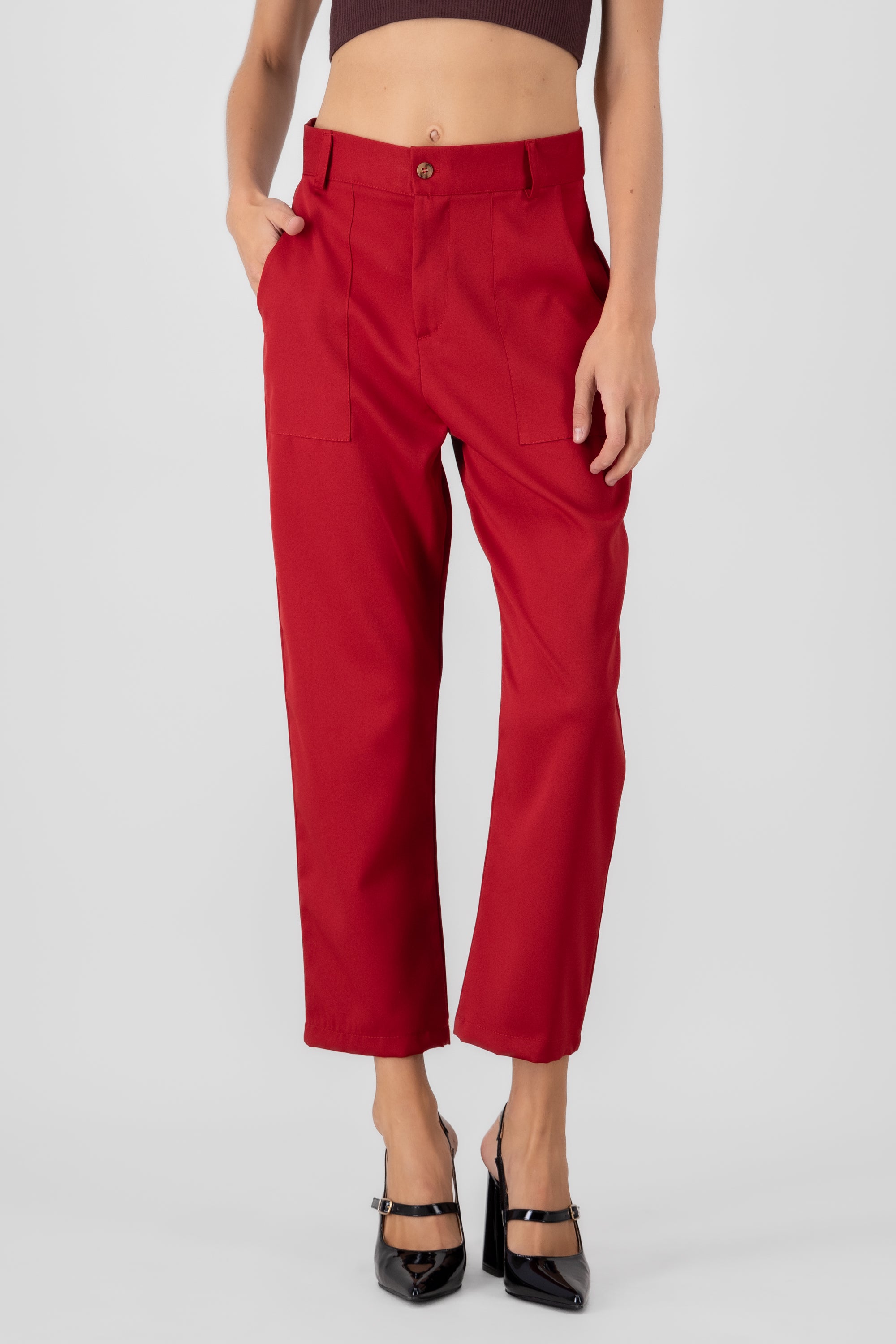 Pantalón Cintura Alta Capri Bolsas ROJO TOMATE