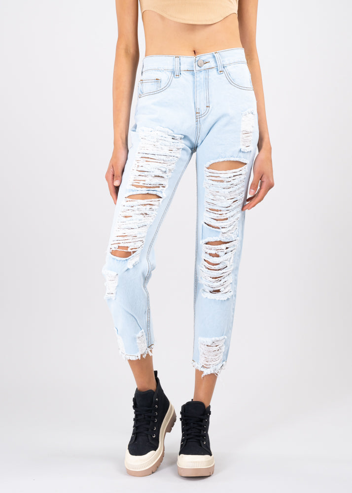 Jeans mom cintura media destrucción flecos BLEACHED