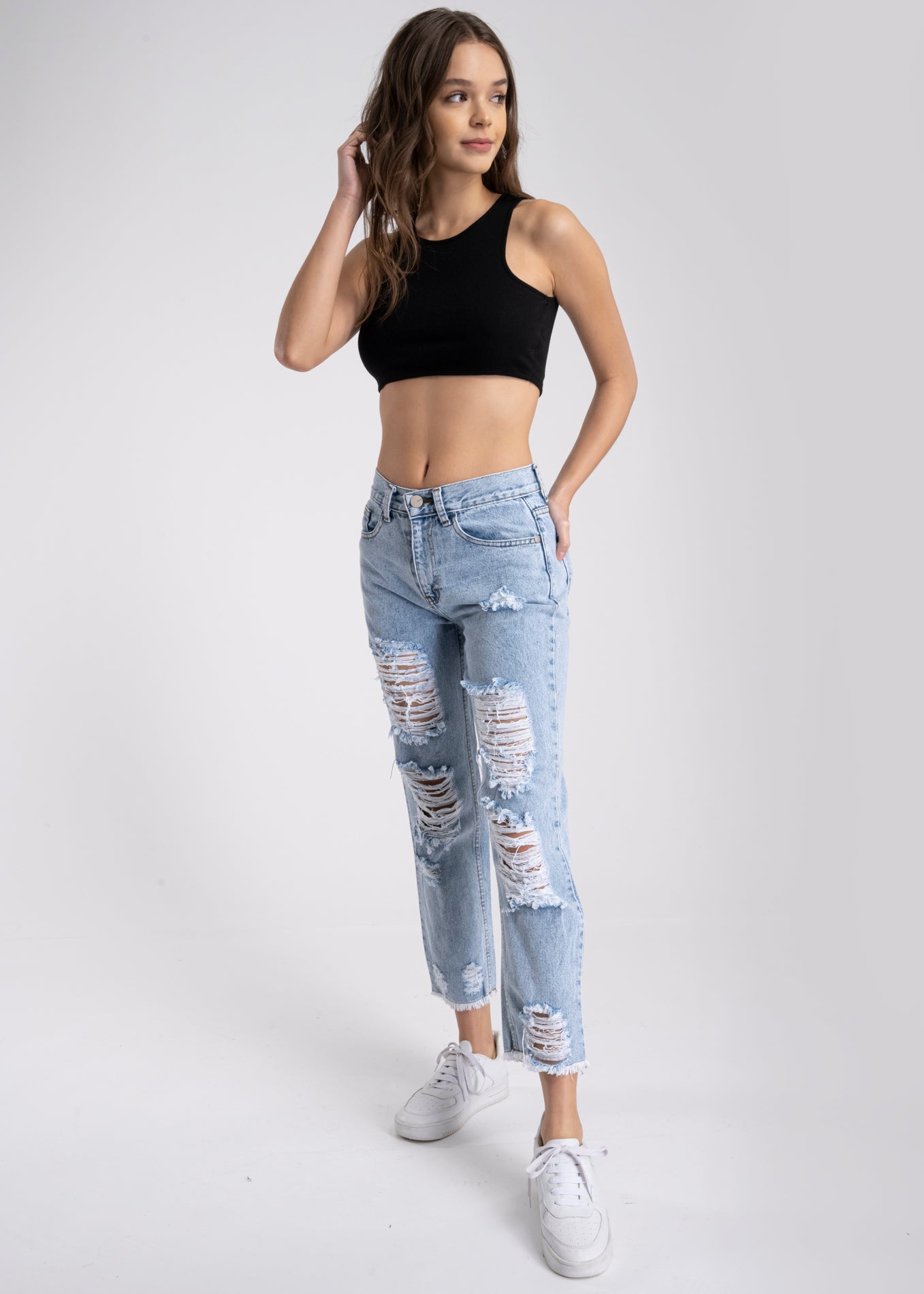 Jeans mom cintura media destrucción flecos ACID WASH