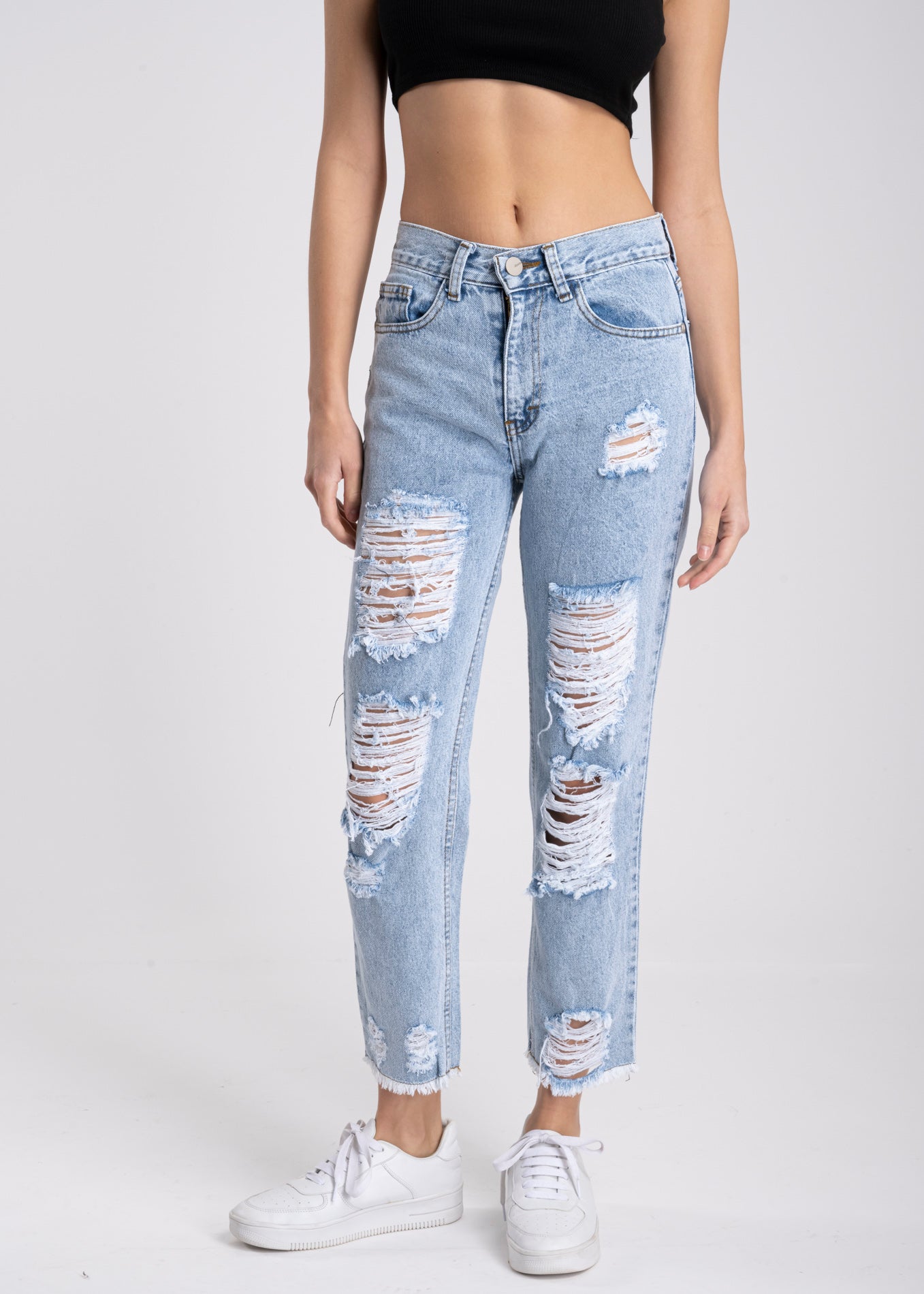 Jeans mom cintura media destrucción flecos ACID WASH