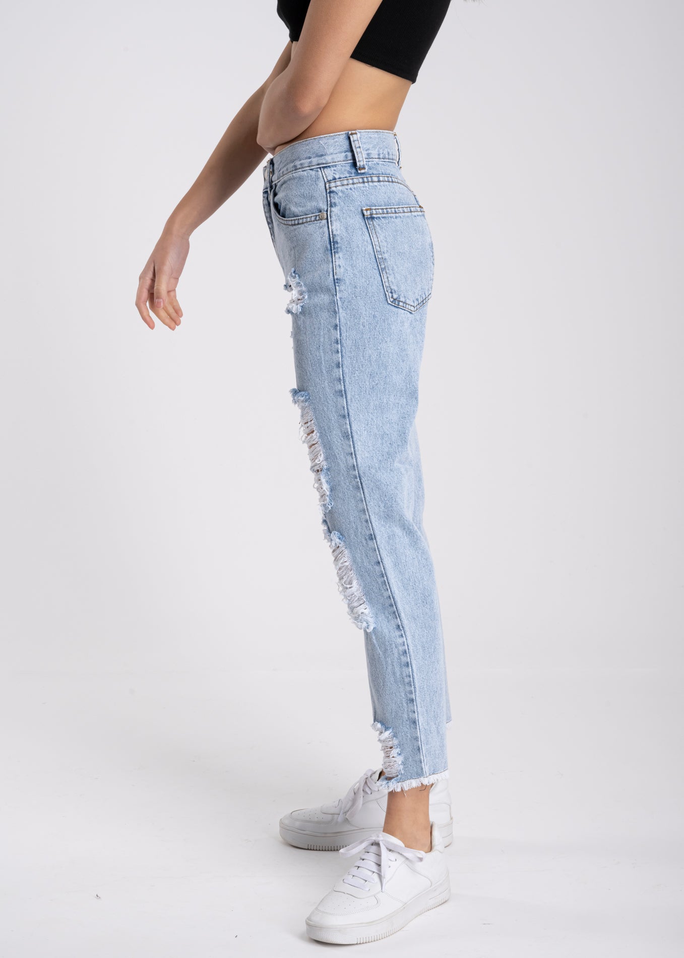 Jeans mom cintura media destrucción flecos ACID WASH