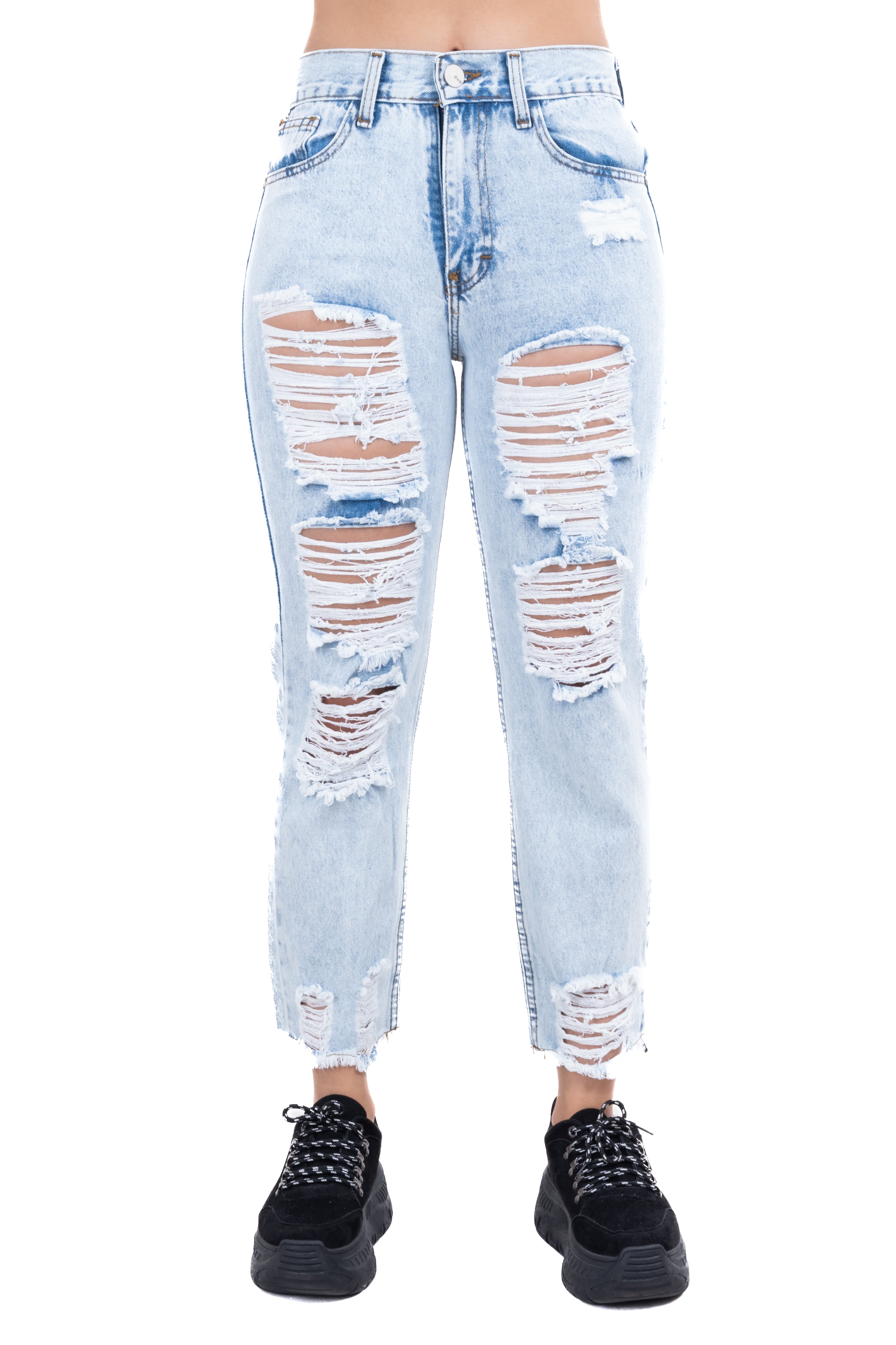 Jeans mom cintura media destrucción flecos ACID WASH