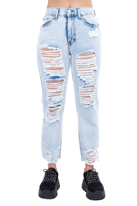 Jeans mom cintura media destrucción flecos