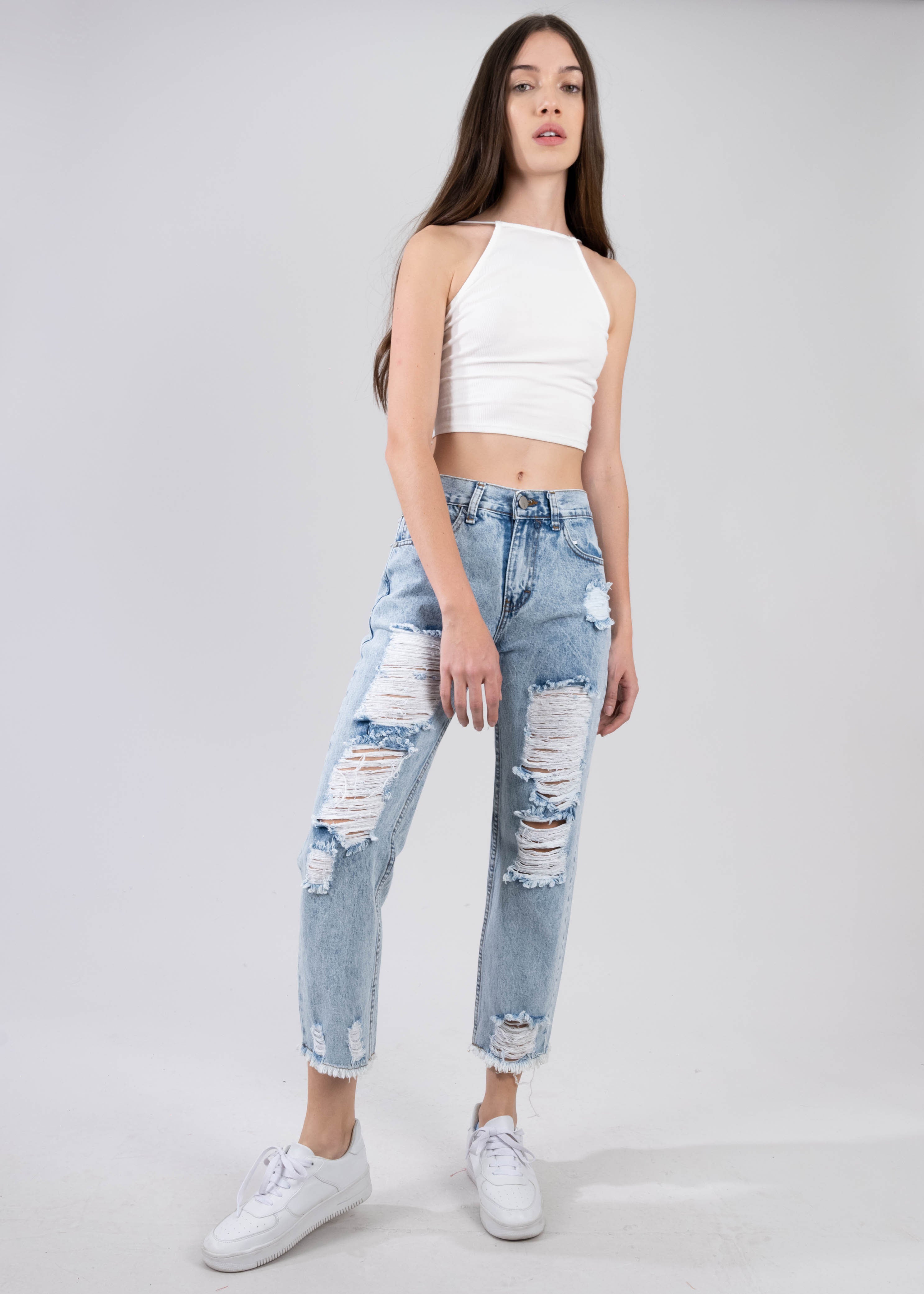 Jeans mom cintura media destrucción flecos ACID WASH