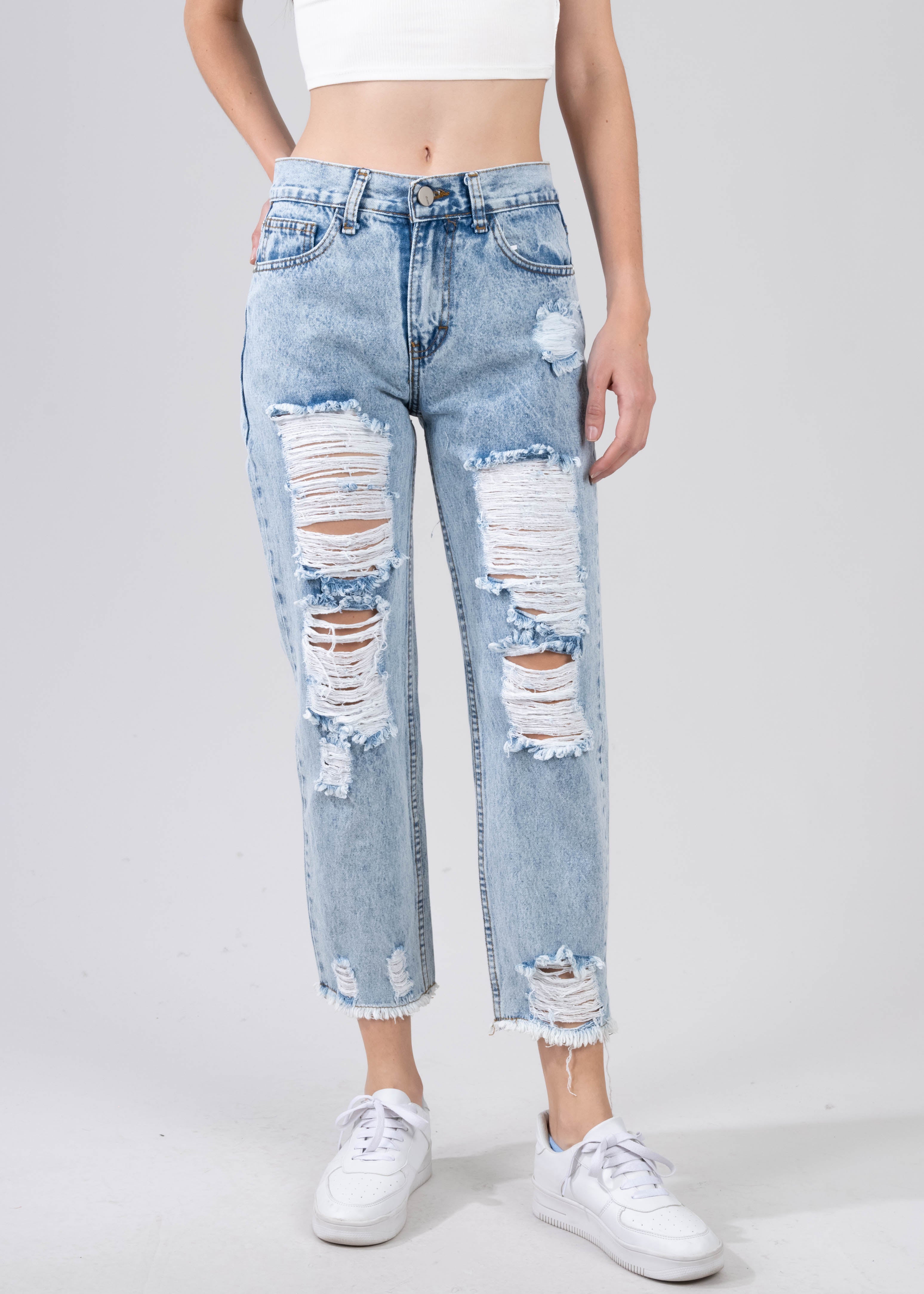 Jeans mom cintura media destrucción flecos ACID WASH