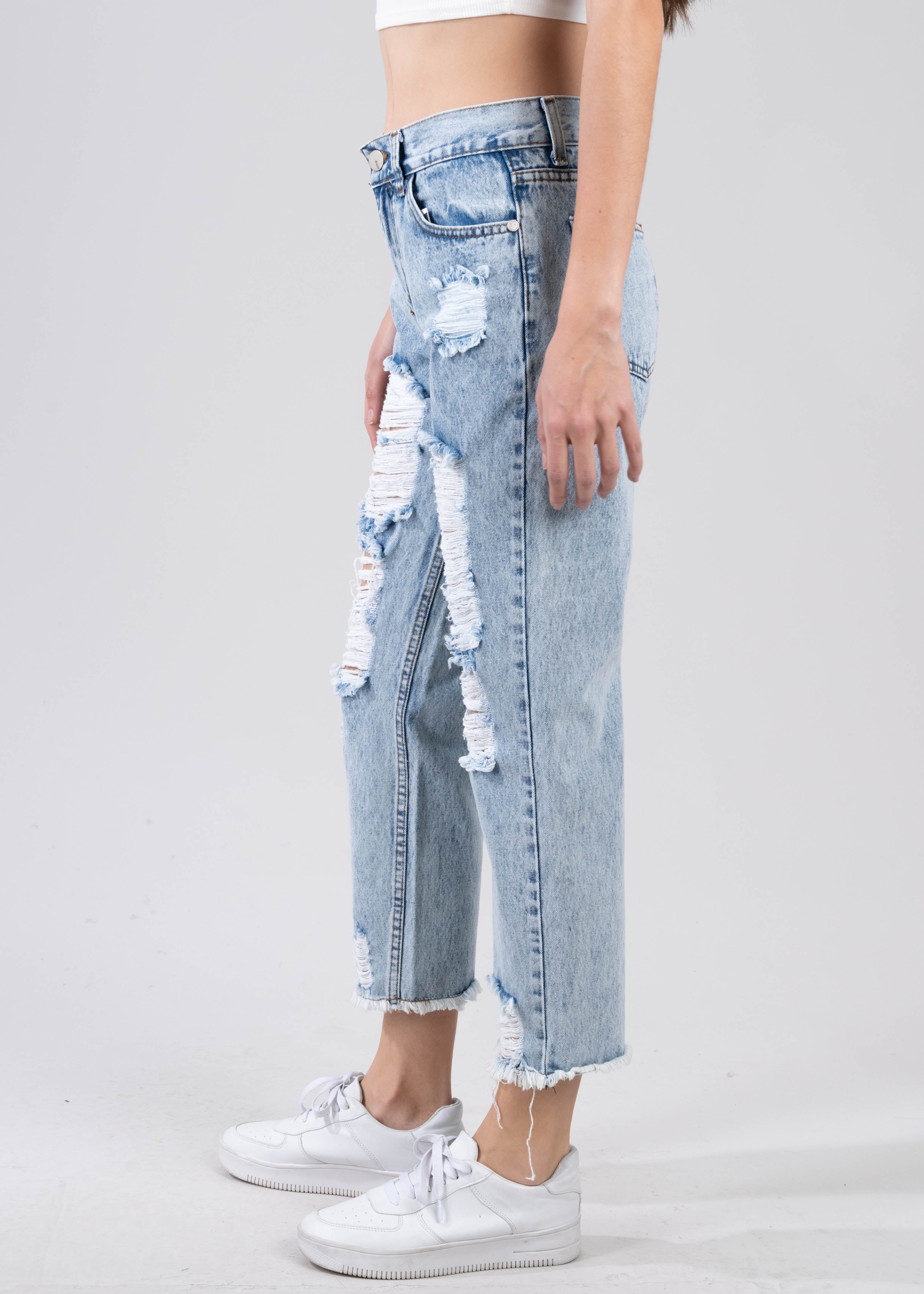 Jeans mom cintura media destrucción flecos ACID WASH