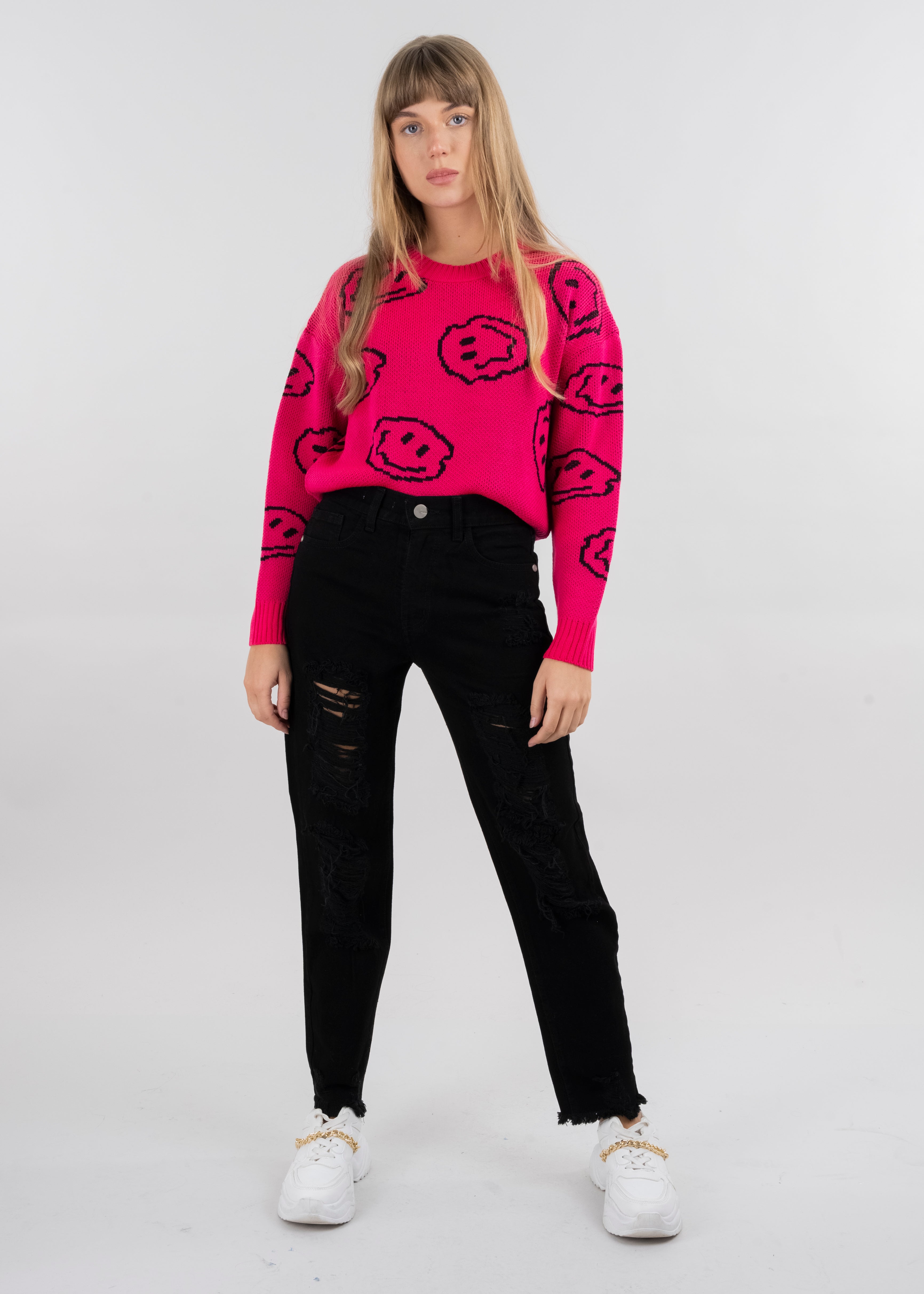 Jeans mom cintura media destrucción flecos NEGRO