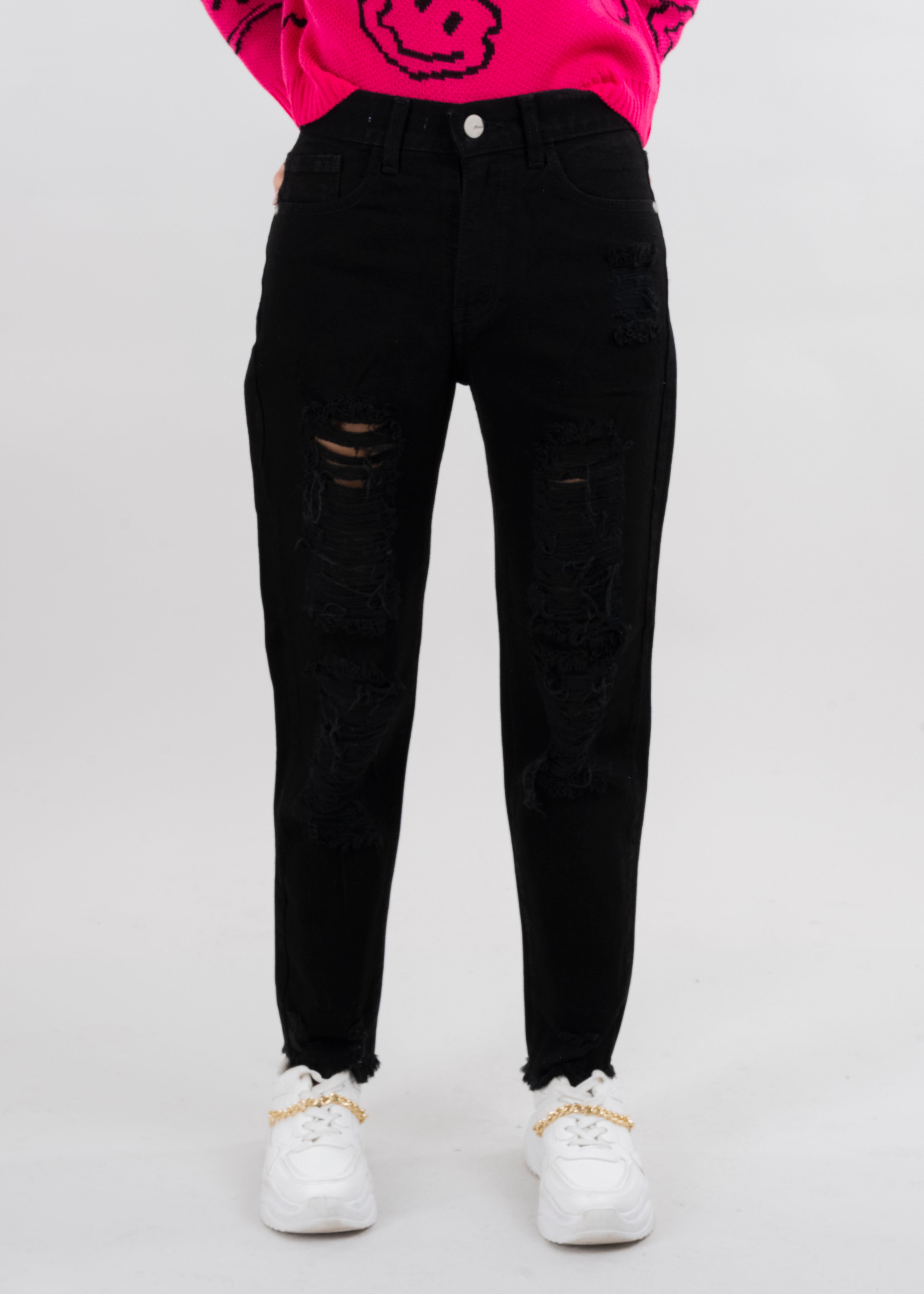 Jeans mom cintura media destrucción flecos NEGRO