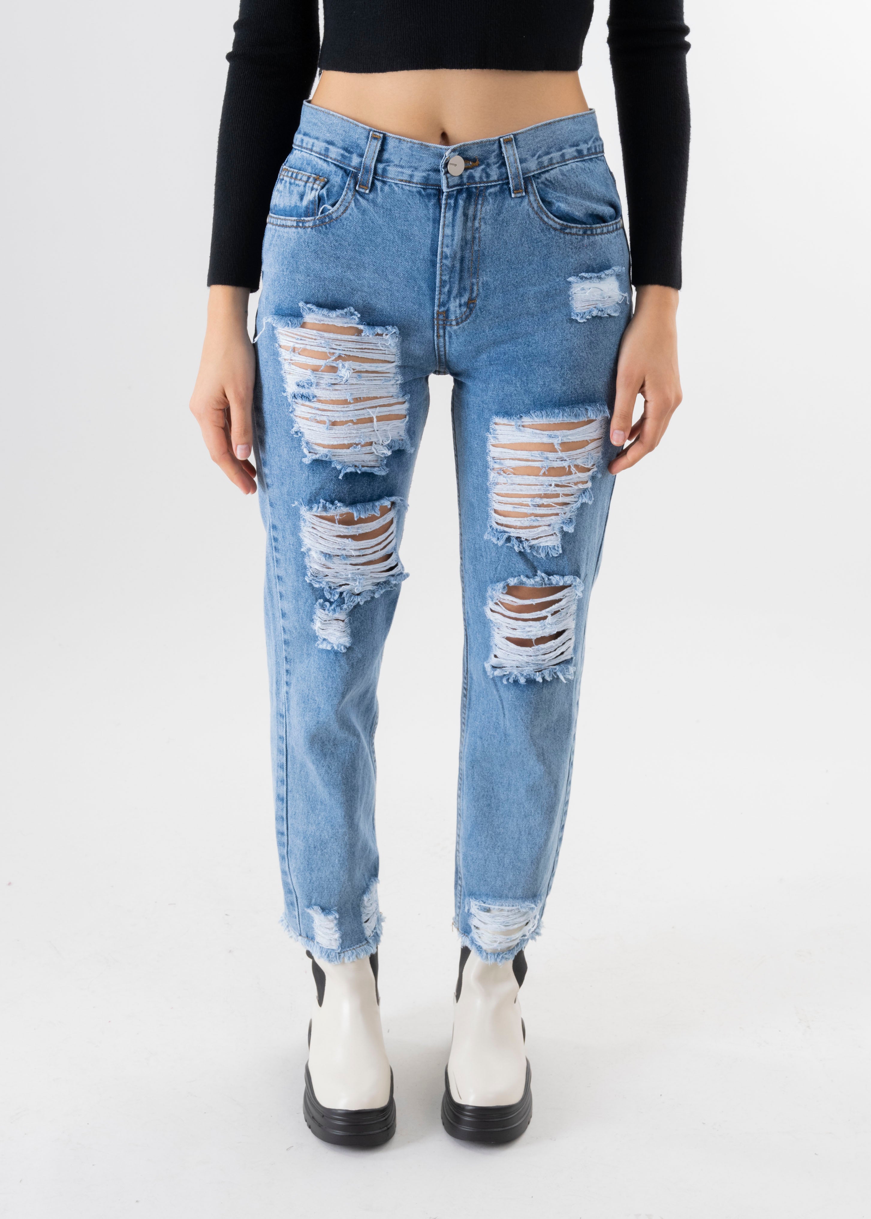 Jeans mom cintura media destrucción flecos ACID MEDIO