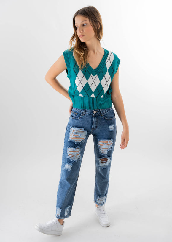 Jeans mom cintura media destrucción flecos