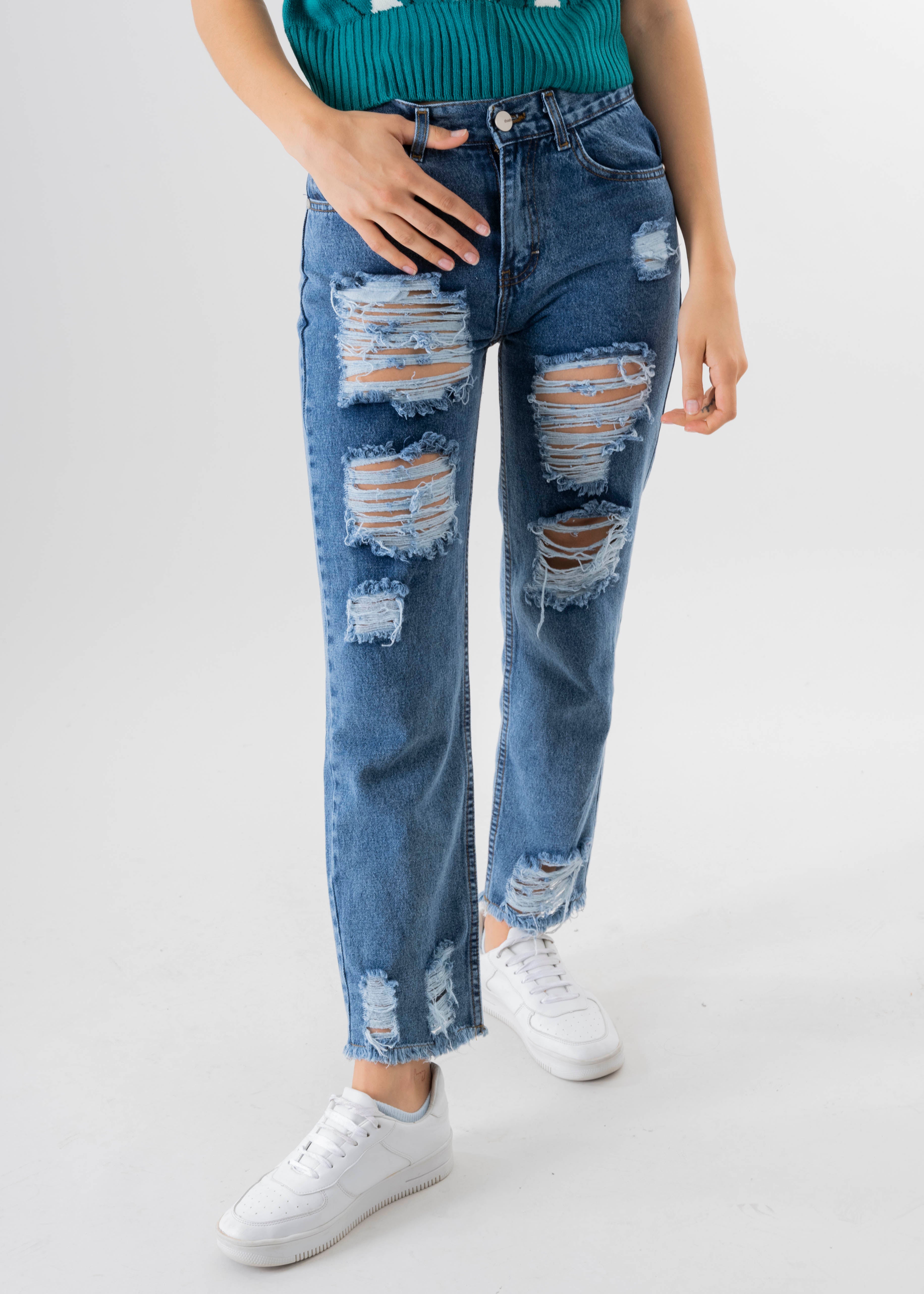 Jeans mom cintura media destrucción flecos ACID DARK