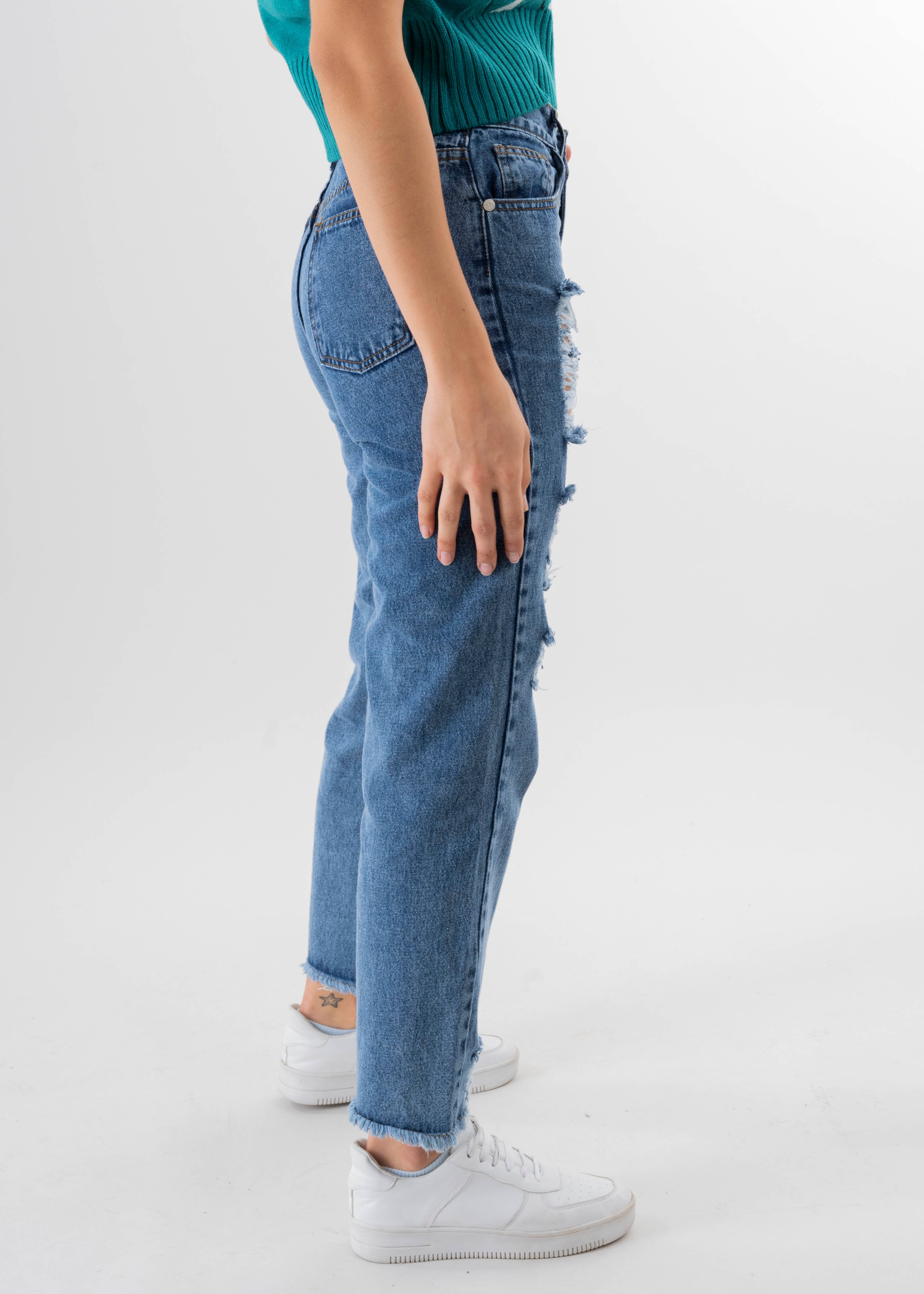 Jeans mom cintura media destrucción flecos ACID DARK