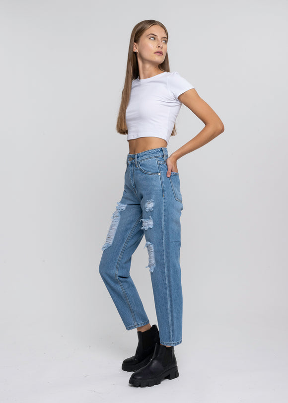 Jeans mom cintura media destrucción