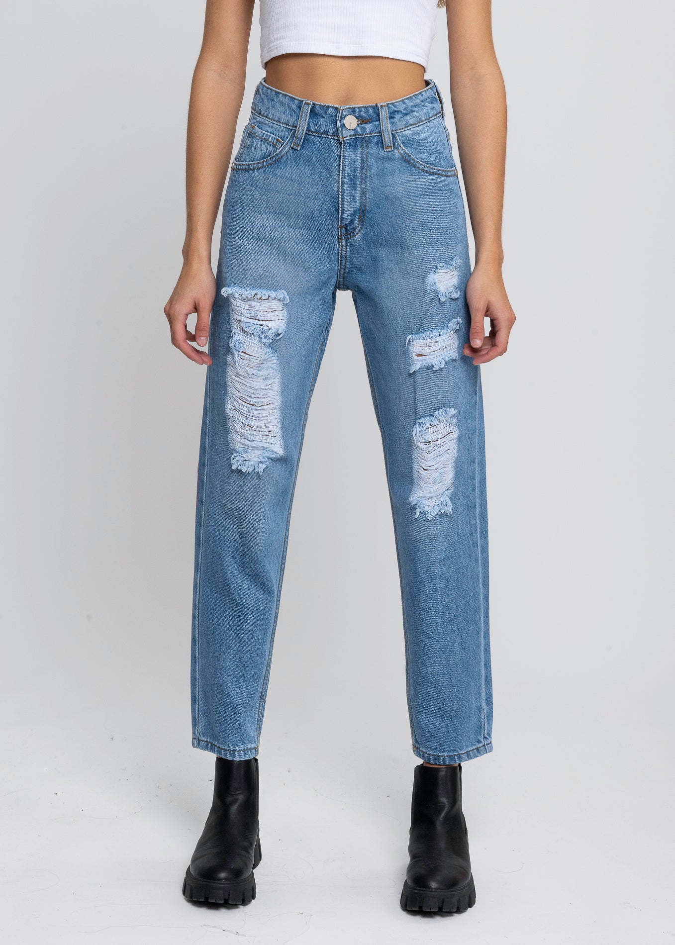 Jeans mom cintura media destrucción LIGHT WASH