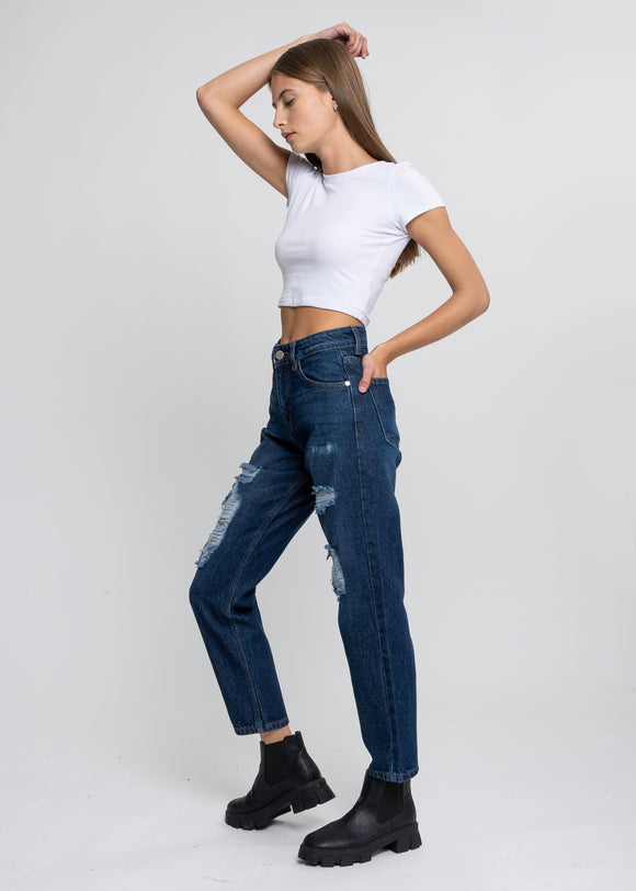 Jeans mom cintura media destrucción