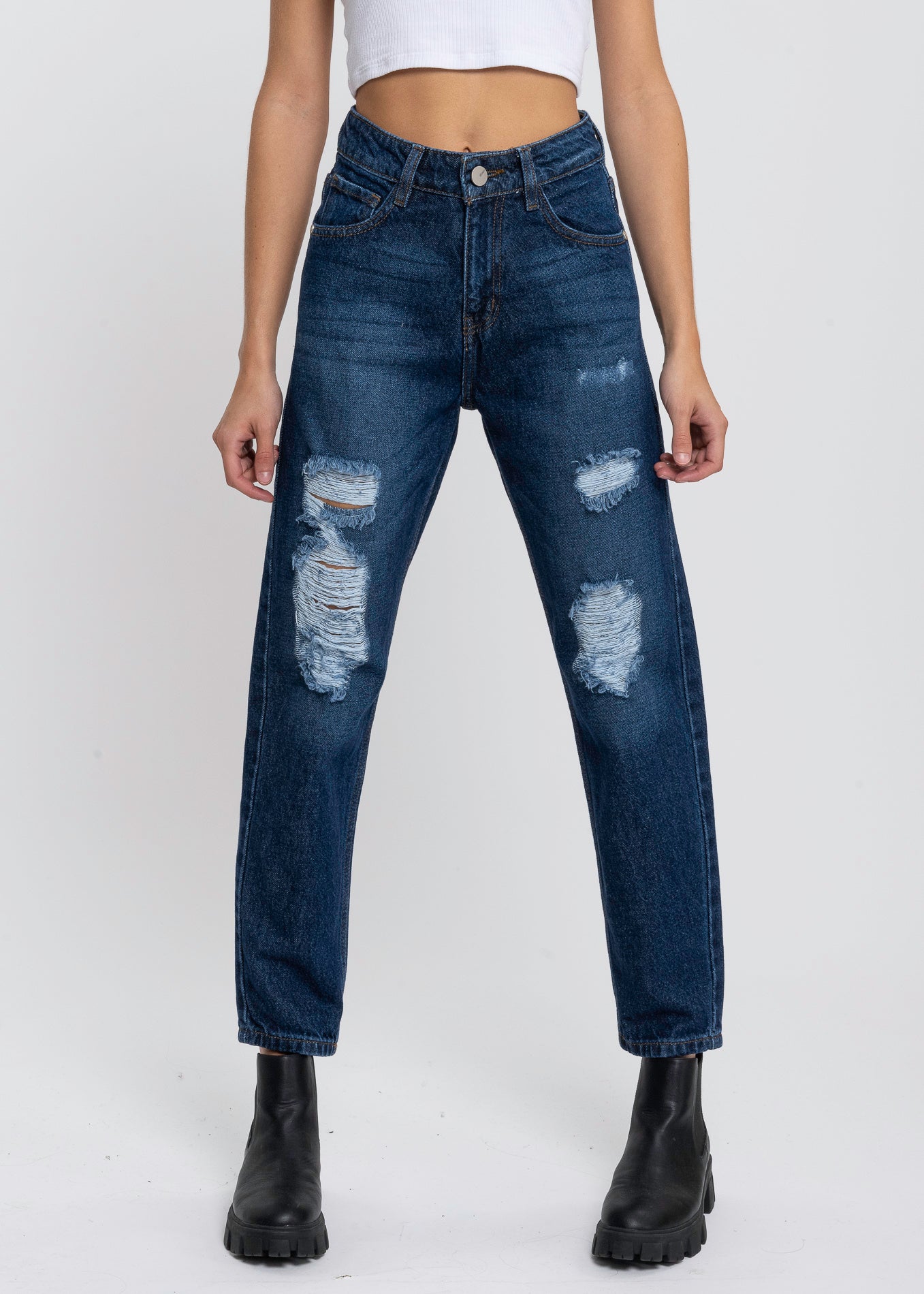 Jeans mom cintura media destrucción DARK WASH