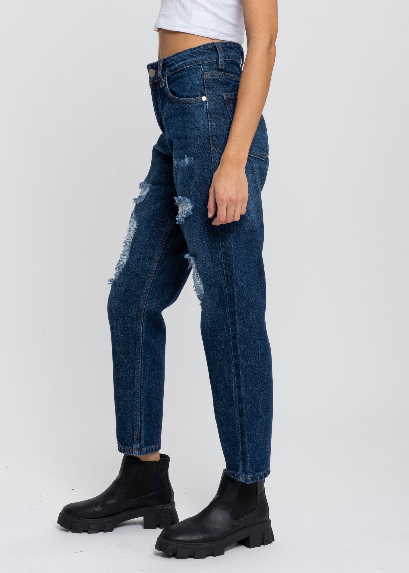Jeans mom cintura media destrucción DARK WASH
