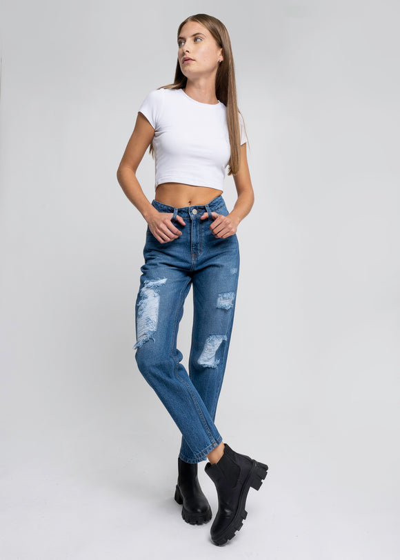 Jeans mom cintura media destrucción