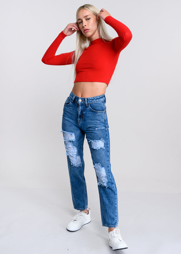 Jeans mom cintura media destrucción