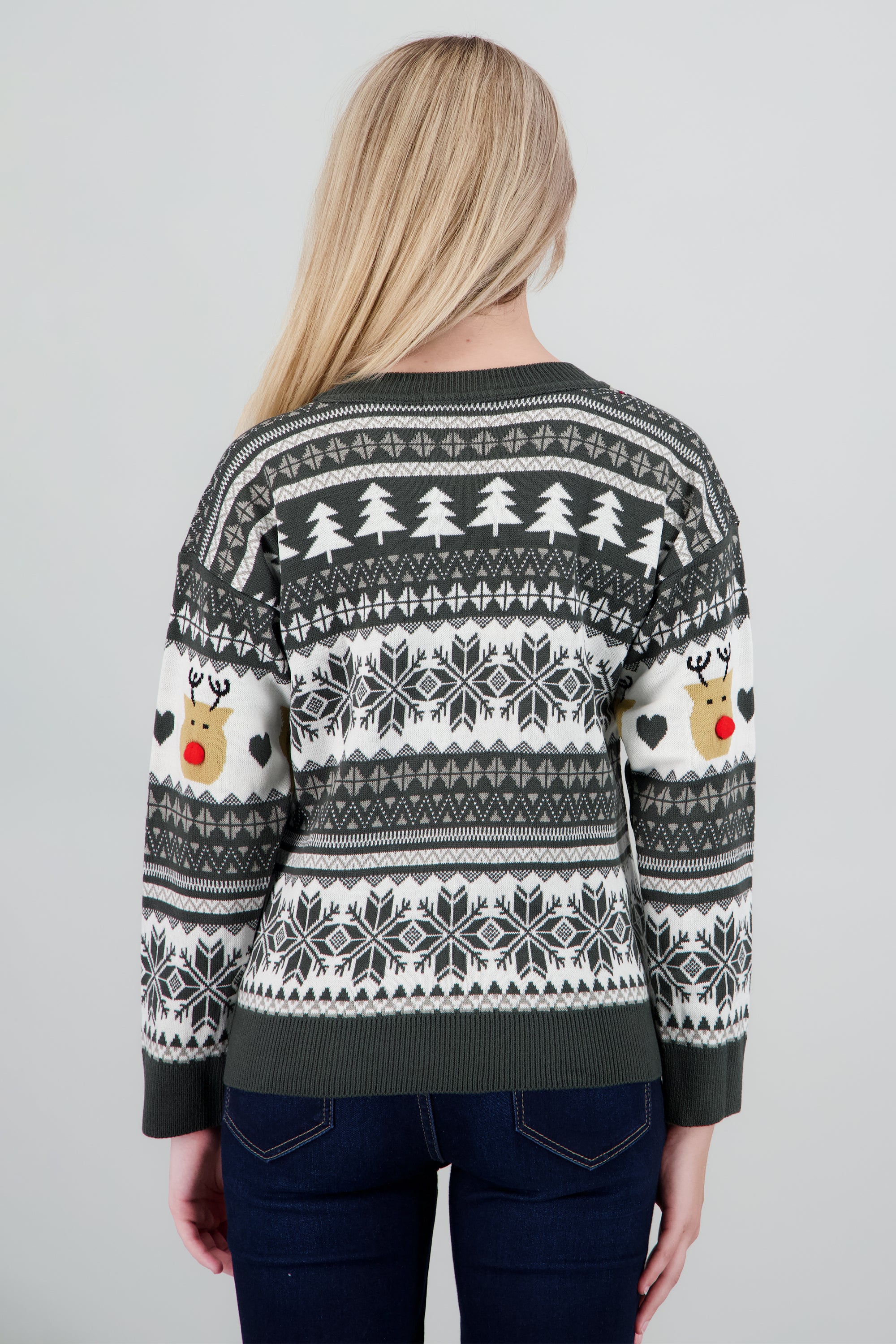 Suéter navideño reno nariz pompón GRIS COMBO