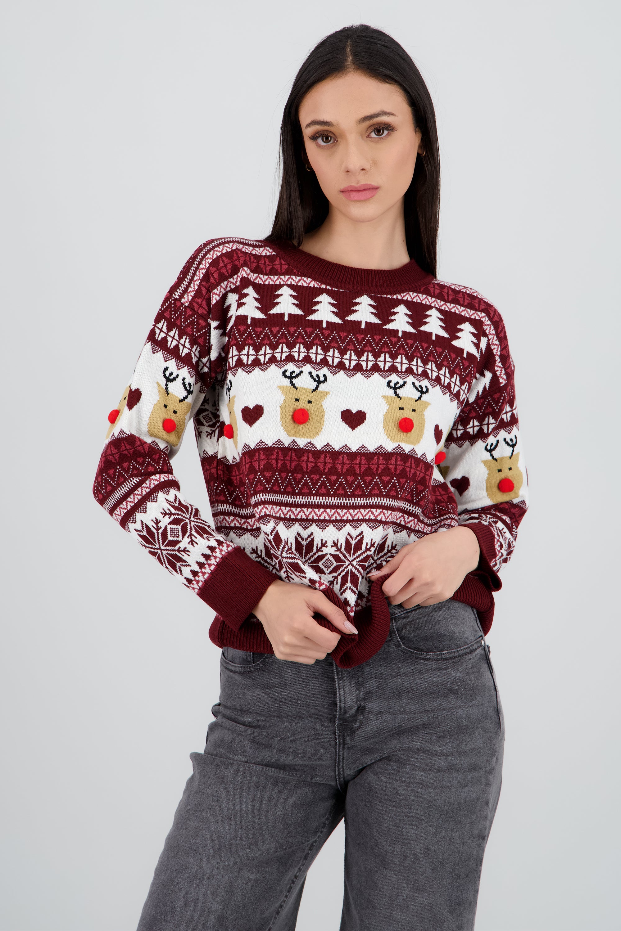 Suéter navideño reno nariz pompón VINO COMBO