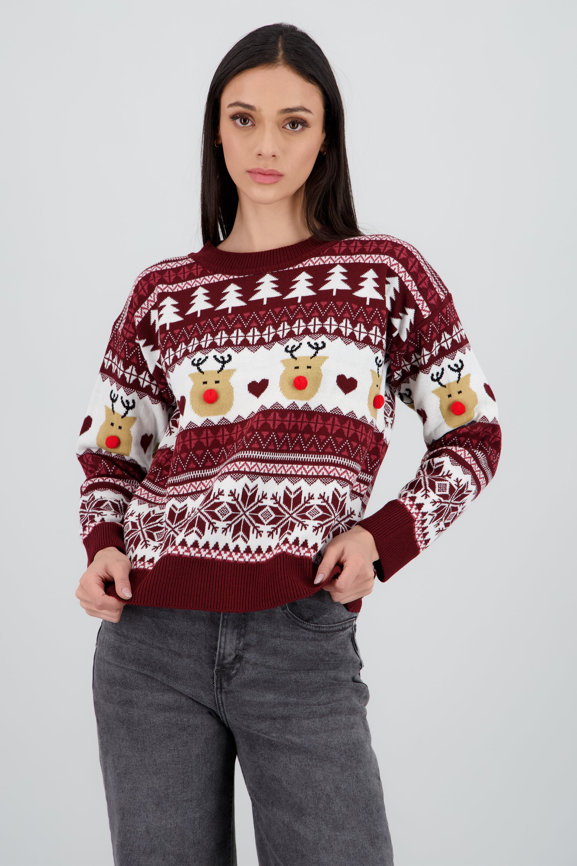 Suéter navideño reno nariz pompón VINO COMBO