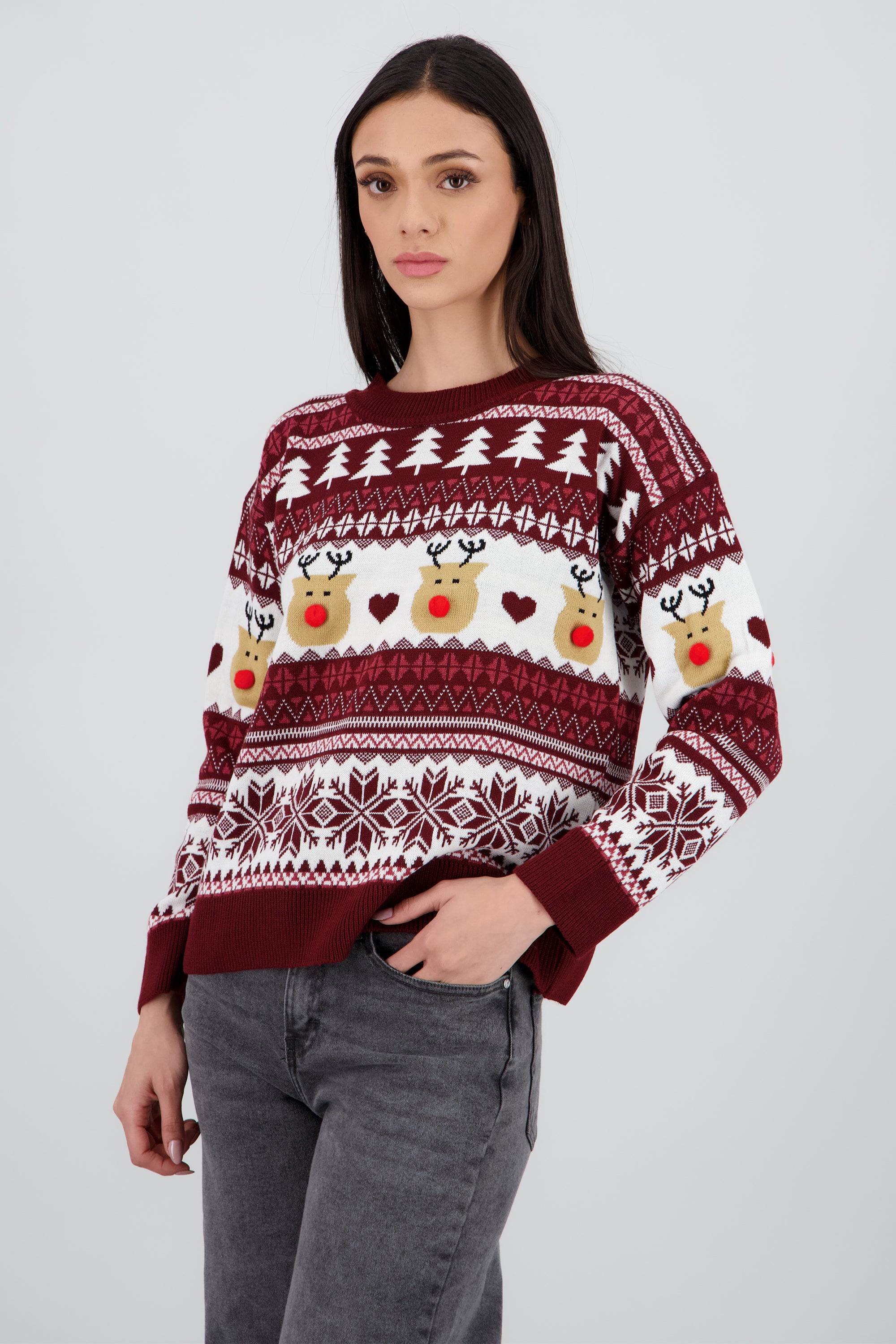 Suéter navideño reno nariz pompón VINO COMBO