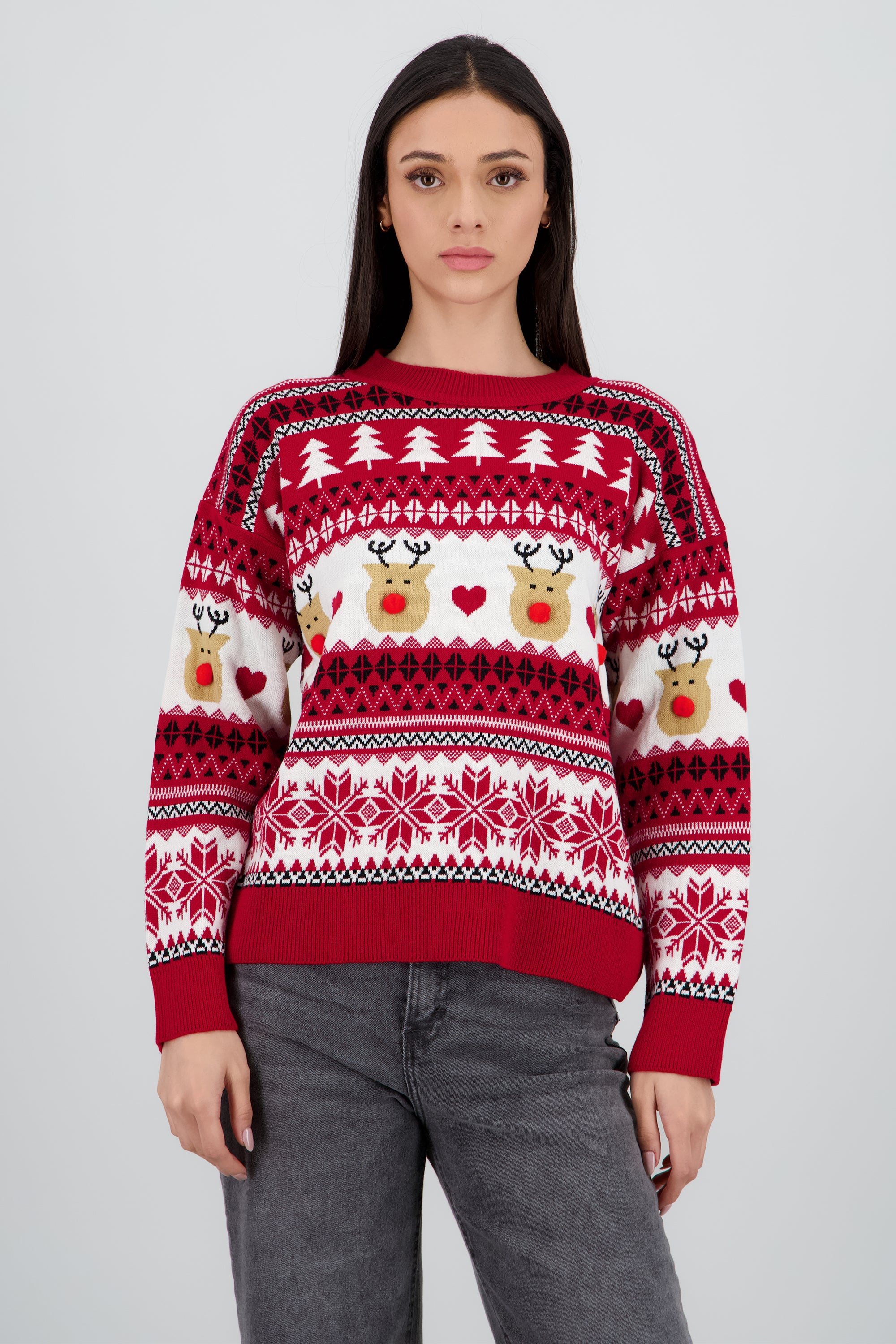 Suéter navideño reno nariz pompón ROJO COMBO