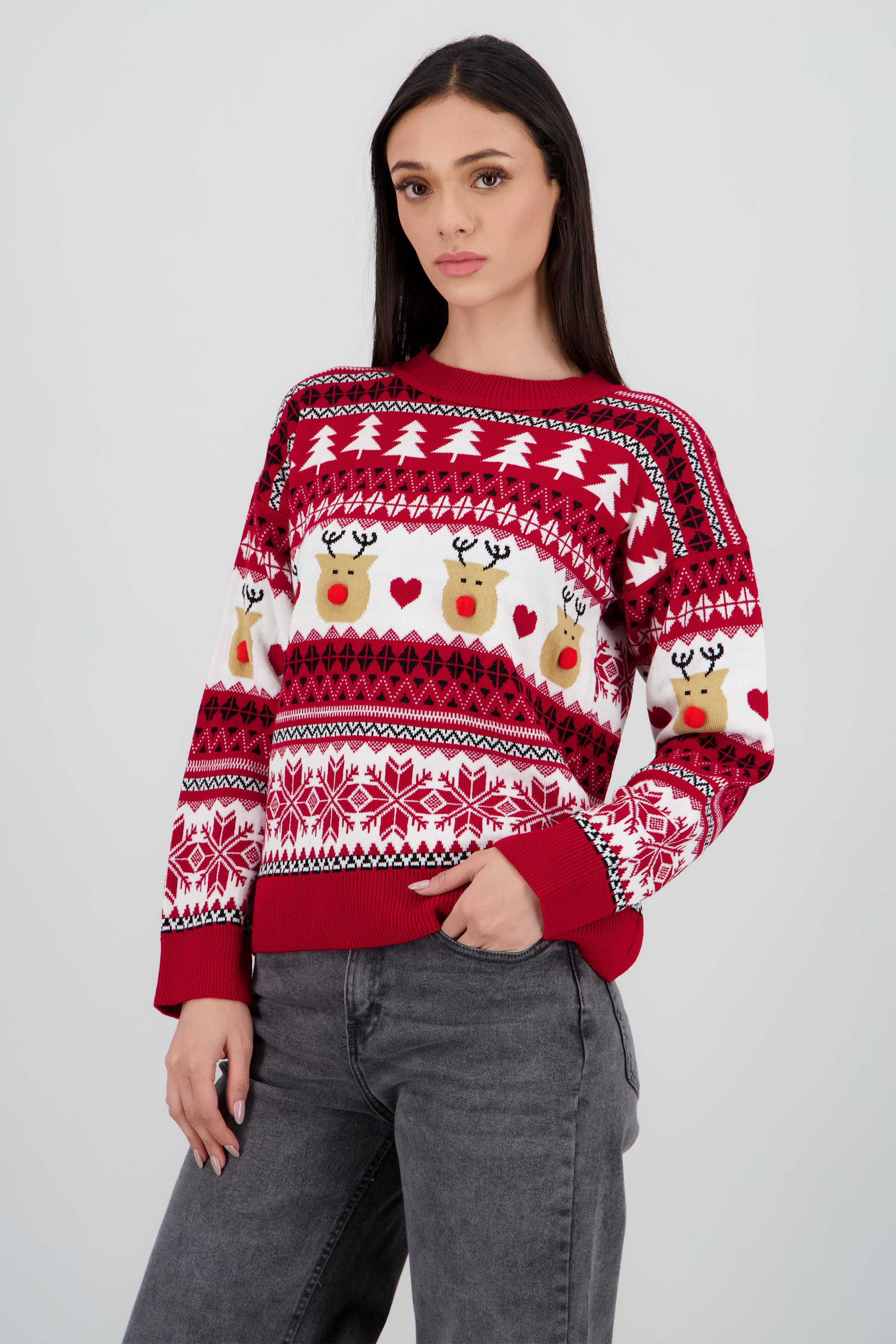 Suéter navideño reno nariz pompón ROJO COMBO
