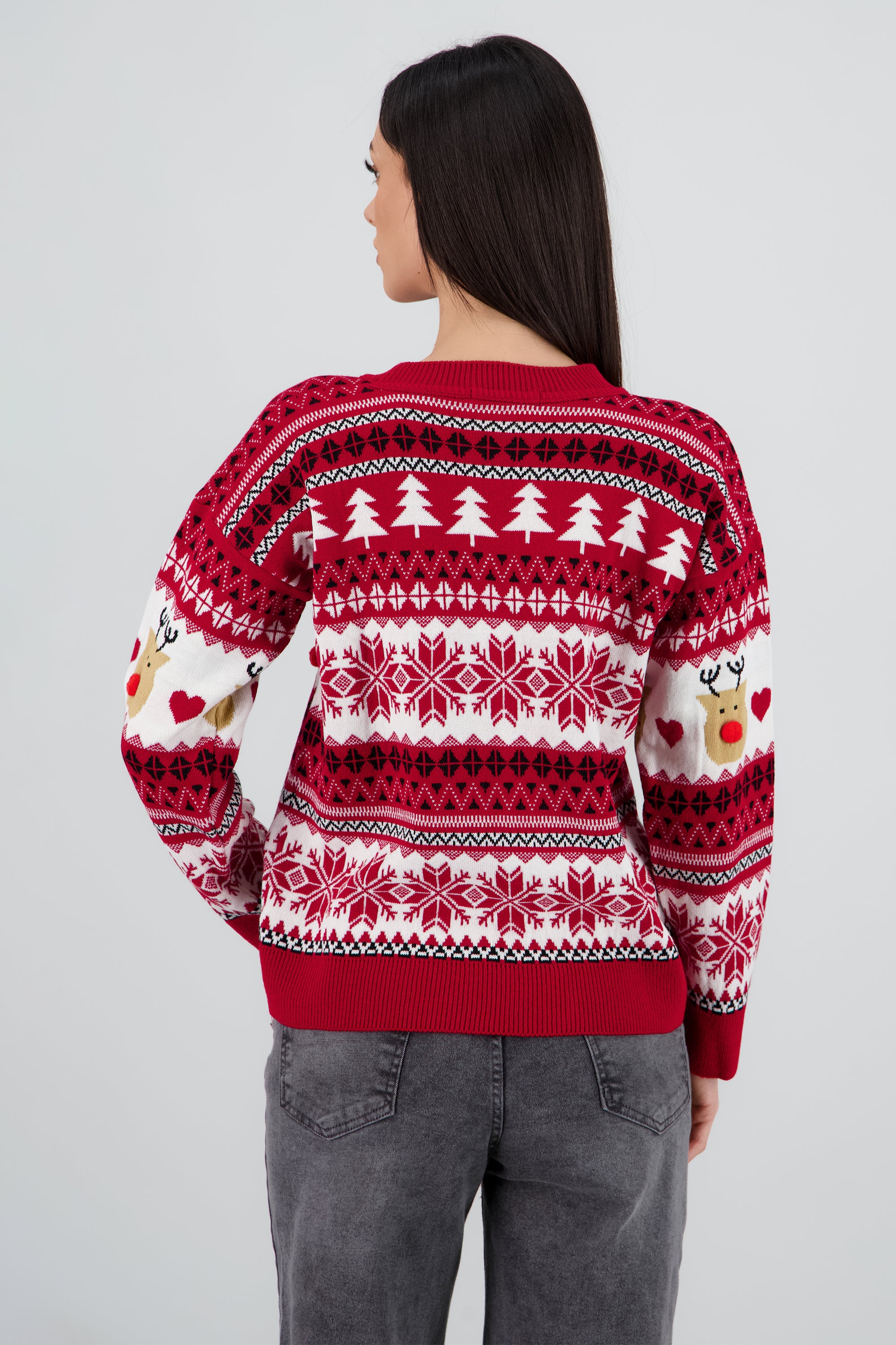 Suéter navideño reno nariz pompón ROJO COMBO