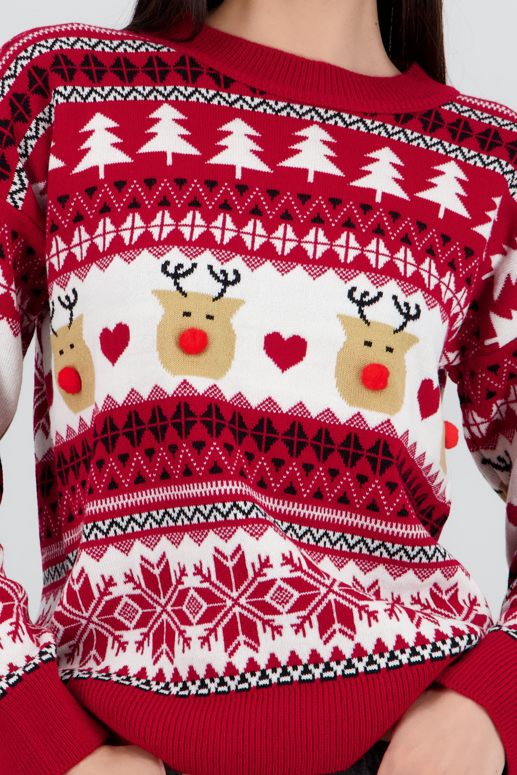 Suéter navideño reno nariz pompón ROJO COMBO
