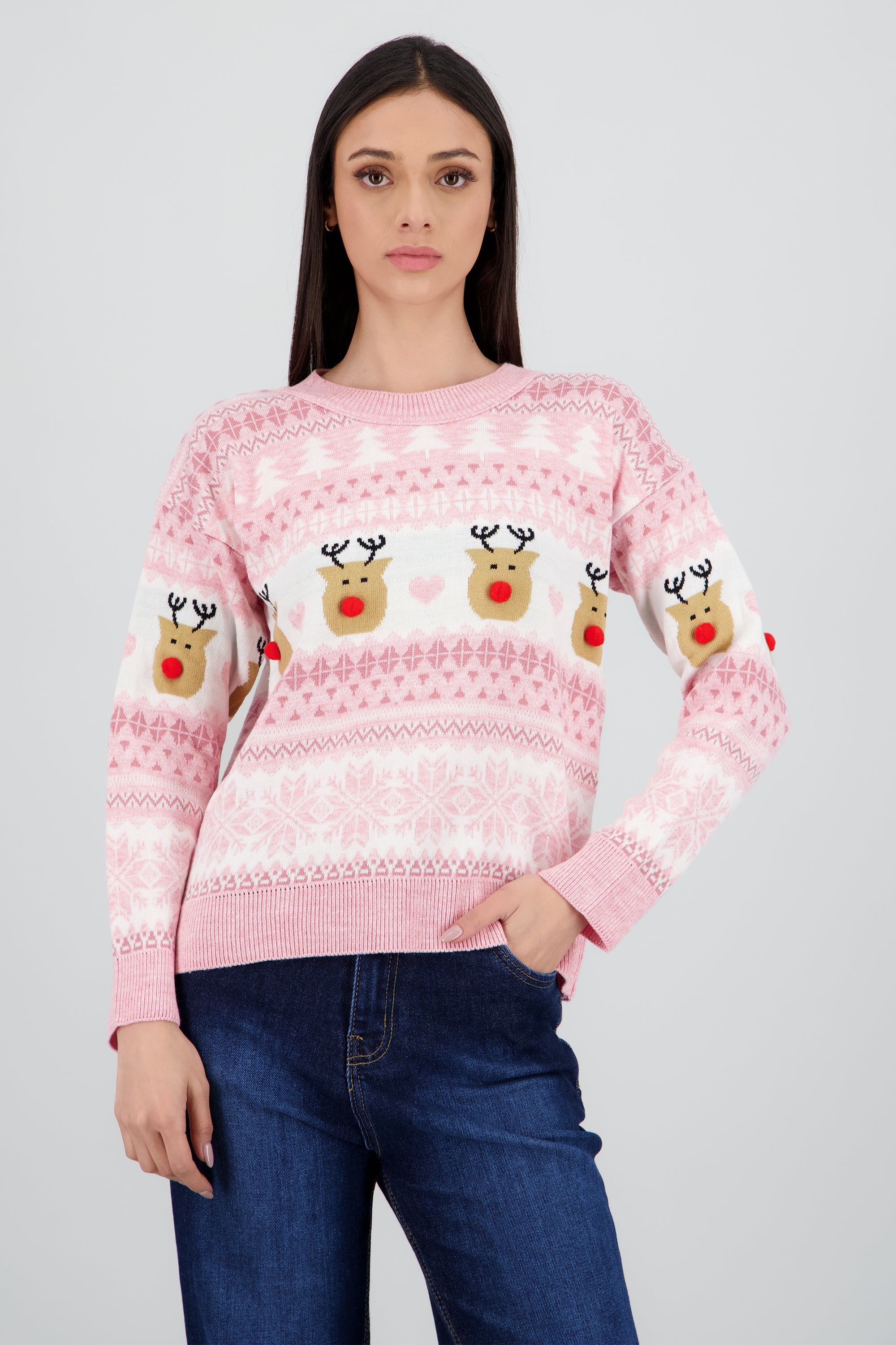 Suéter navideño reno nariz pompón ROSA PASTEL