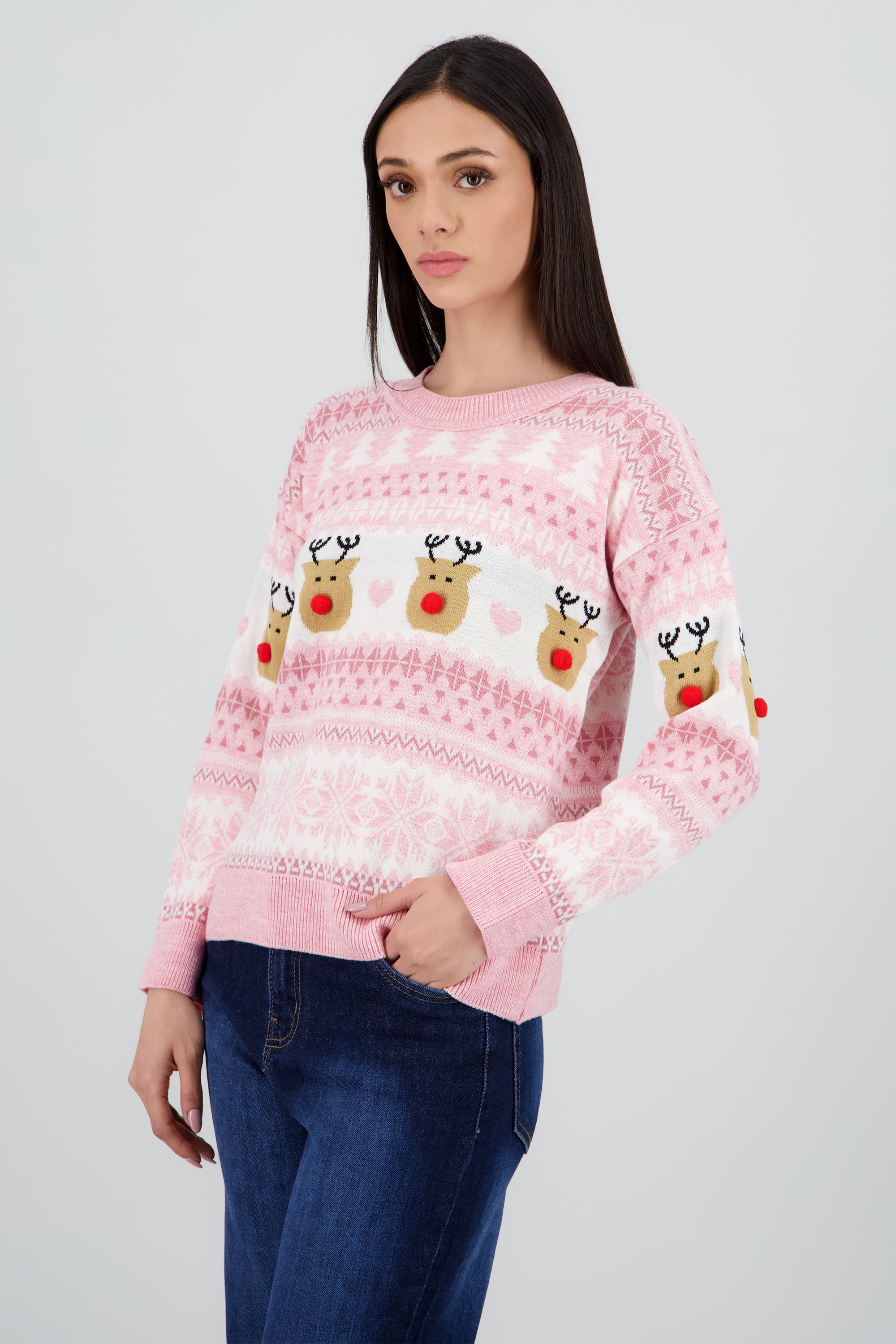 Suéter navideño reno nariz pompón ROSA PASTEL
