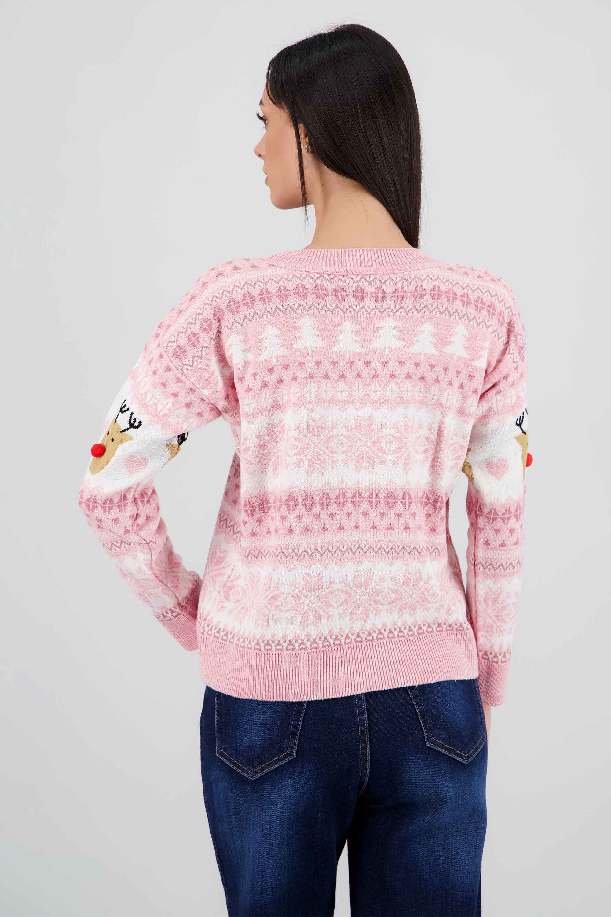 Suéter navideño reno nariz pompón ROSA PASTEL