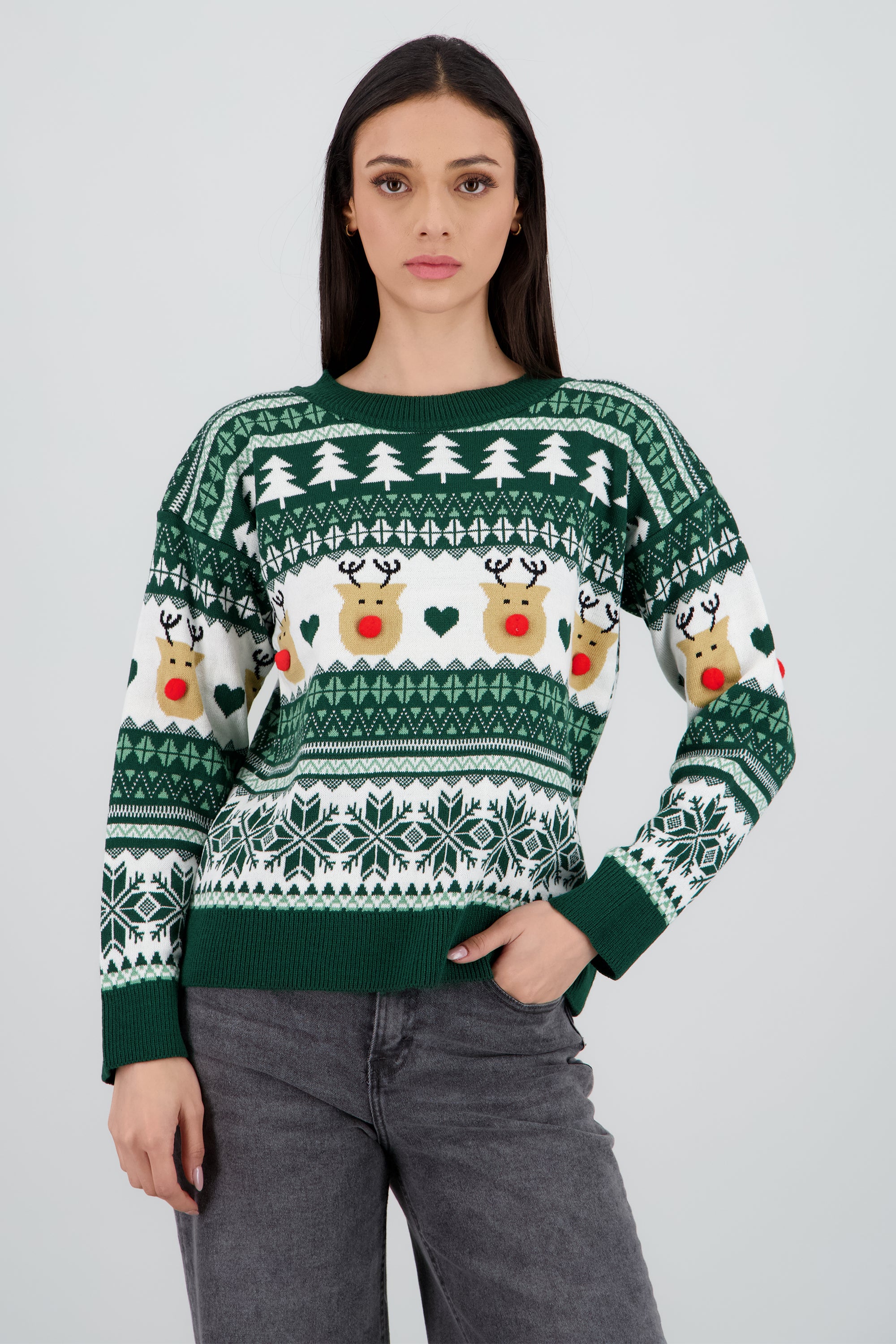 Suéter navideño reno nariz pompón VERDE CAZADOR