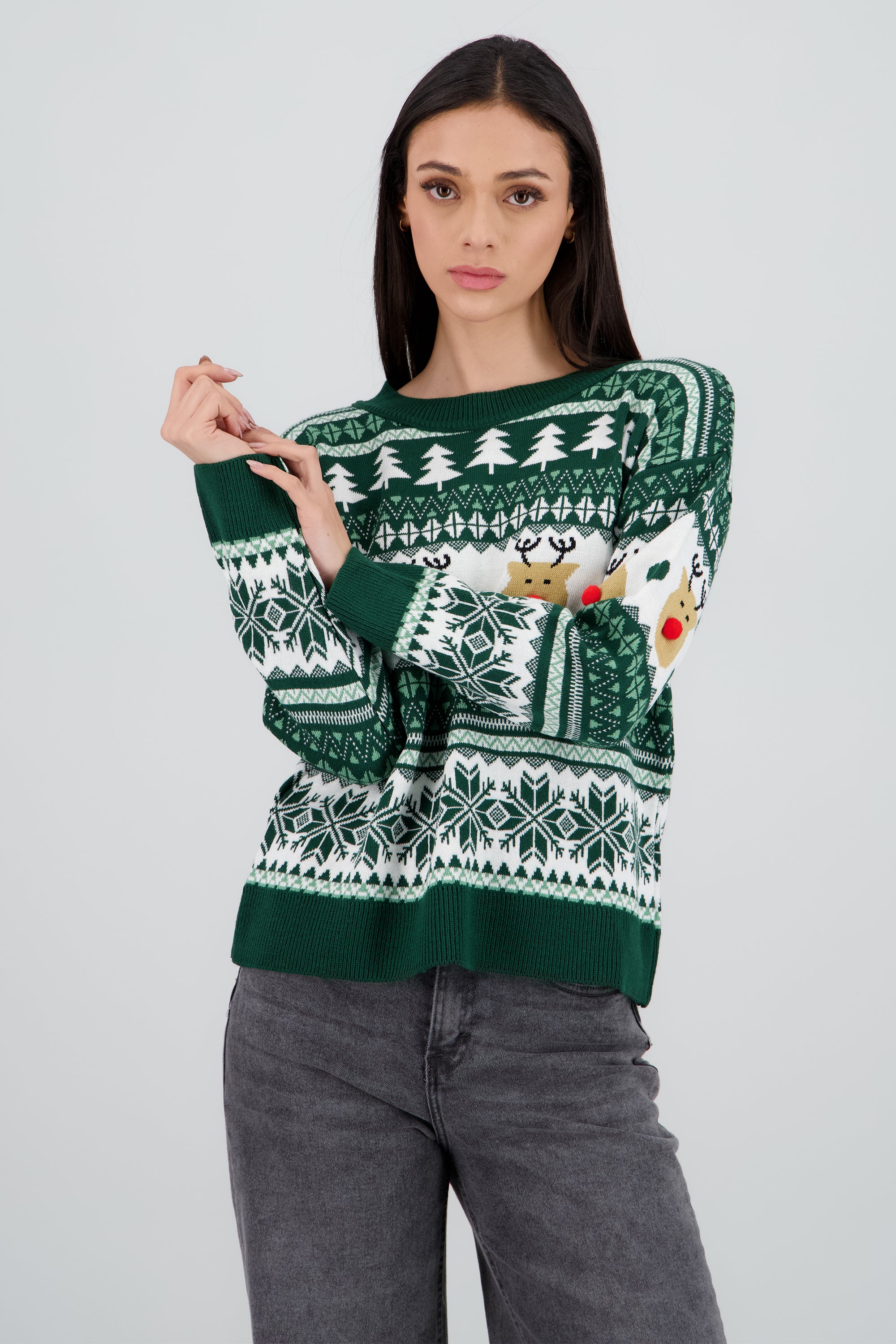 Suéter navideño reno nariz pompón VERDE CAZADOR