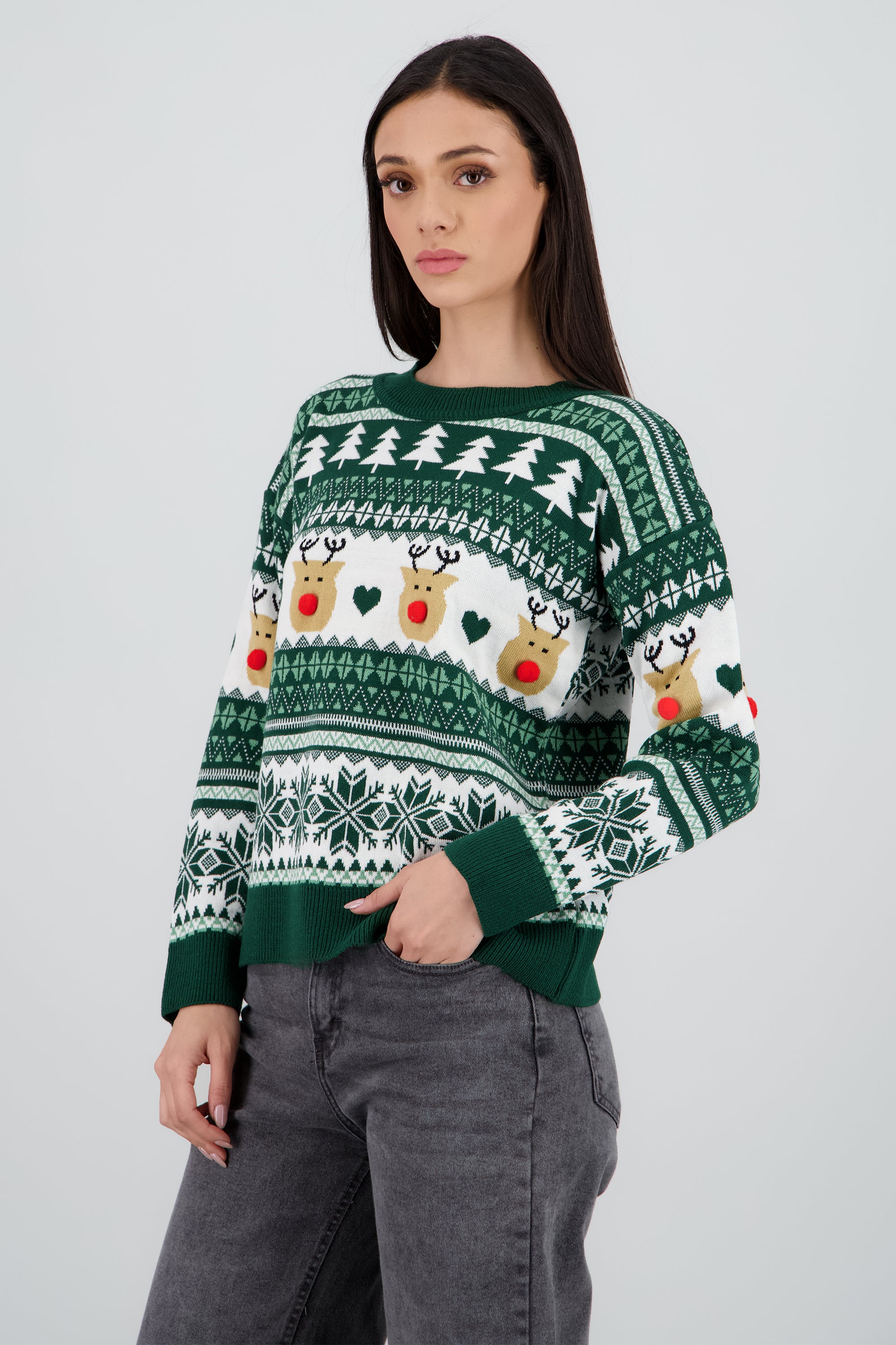 Suéter navideño reno nariz pompón VERDE CAZADOR