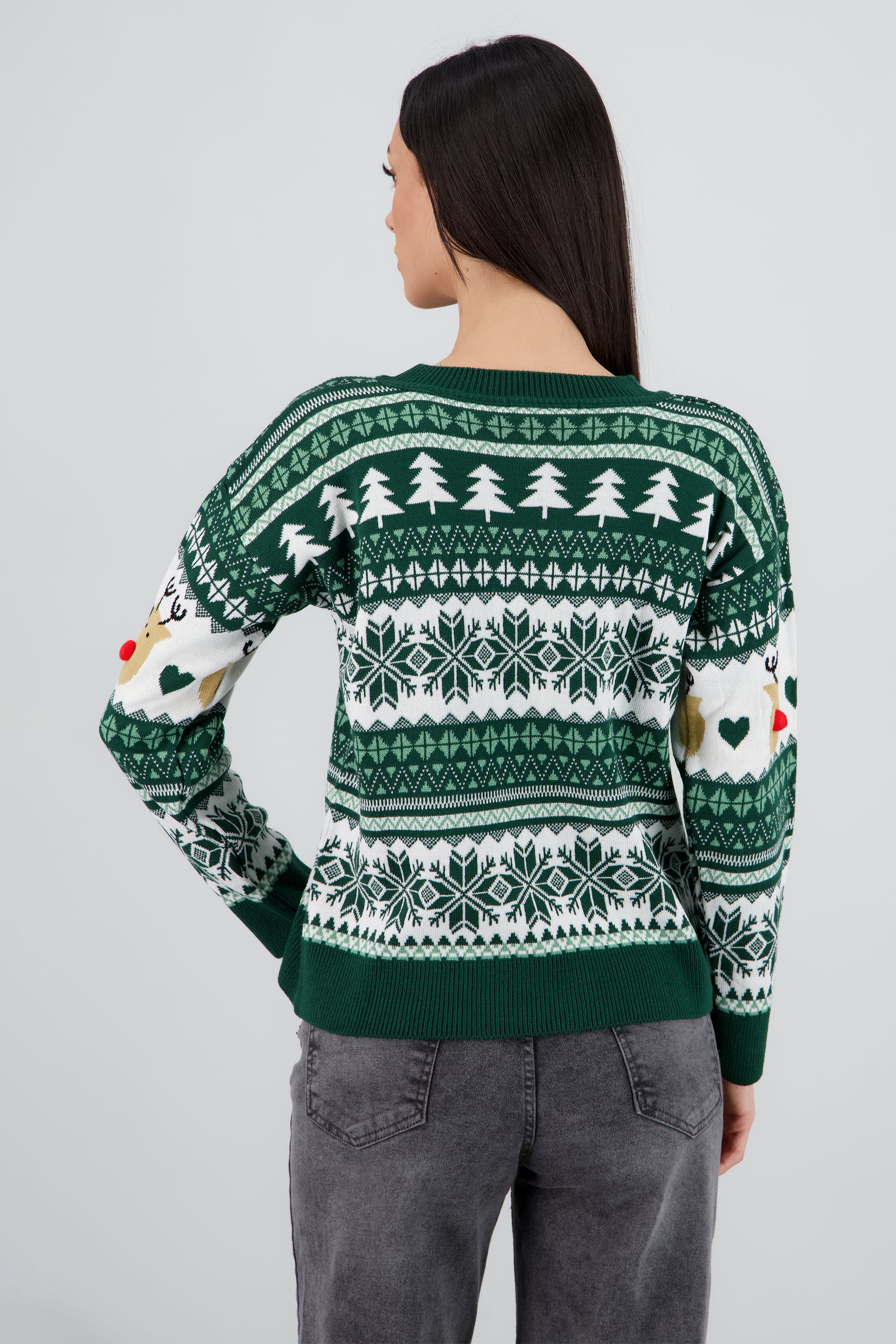 Suéter navideño reno nariz pompón VERDE CAZADOR