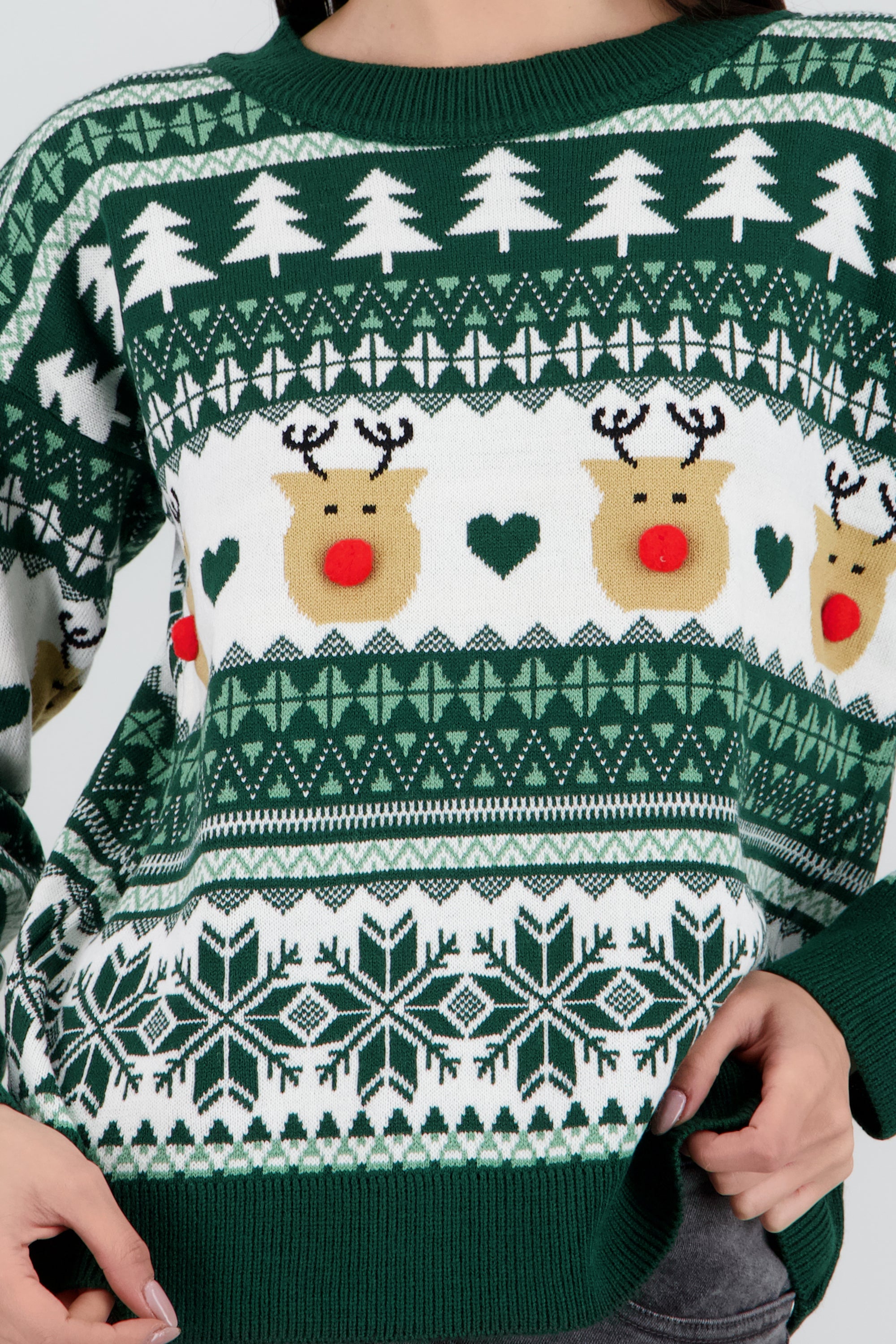 Suéter navideño reno nariz pompón VERDE CAZADOR